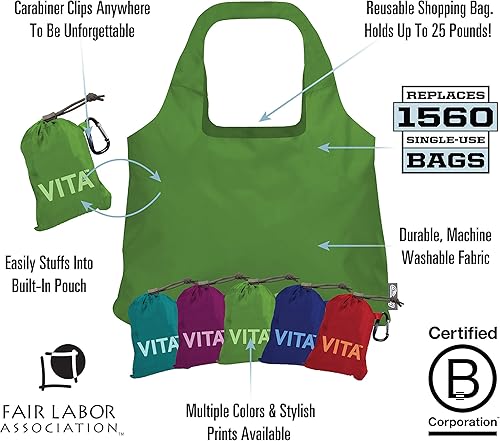 Miniatura 7 de ChicoBag Vita - Bolsa de mano reutilizable con clip de mosquetón, bolsas de compras compactas y reutilizables, ecológicas, color rojo, verde, azul