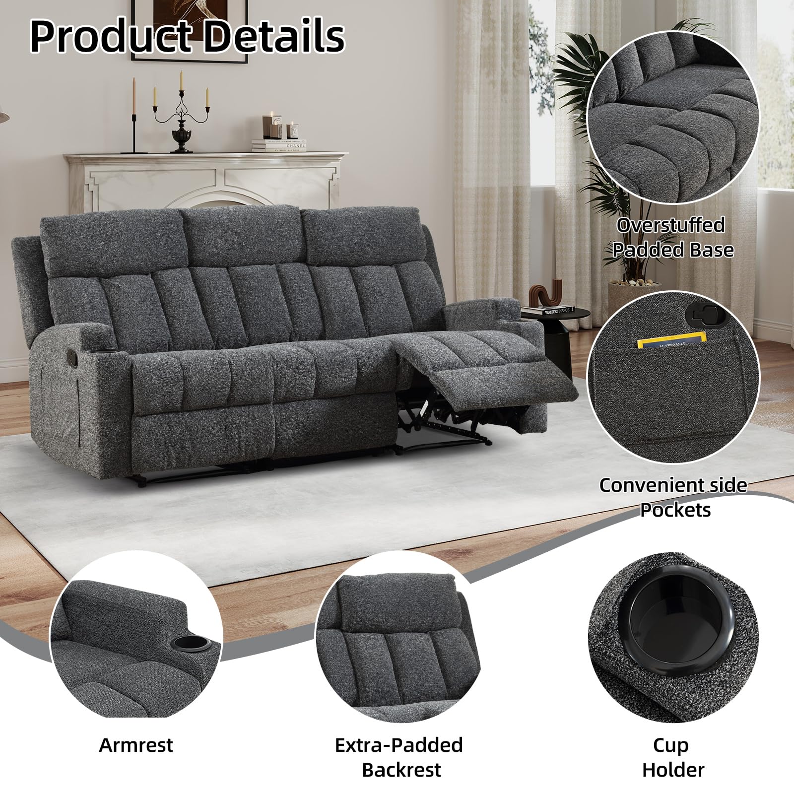 CANMOV Manual Recliner Sofa Set, Fabric Recliner Living Room Furniture Sets, 1 Seat Reclining Chair, a Loveseat, a 3 Seat Sofa Furniture Set with Side Pockets and Cup Holders, Dark Grey view 3