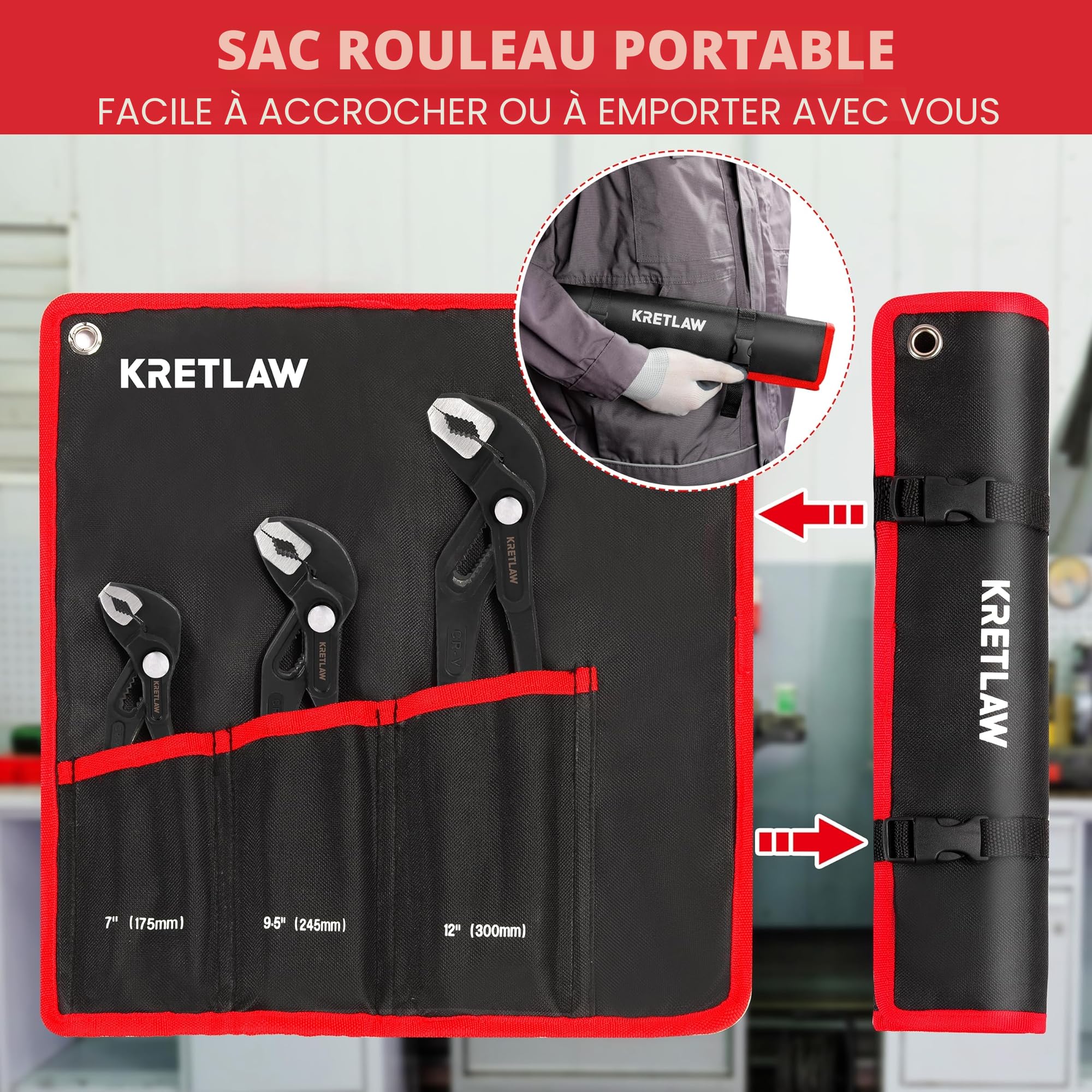 KRETLAW Lot de 3 pinces multiprises 180/250/300 mm en Cr-V, pince à tube réglable, serrage rapide avec joint coulissant rainuré