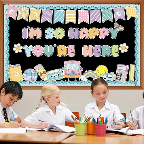 Miniatura 4 de Groovy - Tablón de anuncios de regreso a clases para decoración de aula, I'm So Happy You're Boho Retro Here Hippie, juego de tablones de anuncios