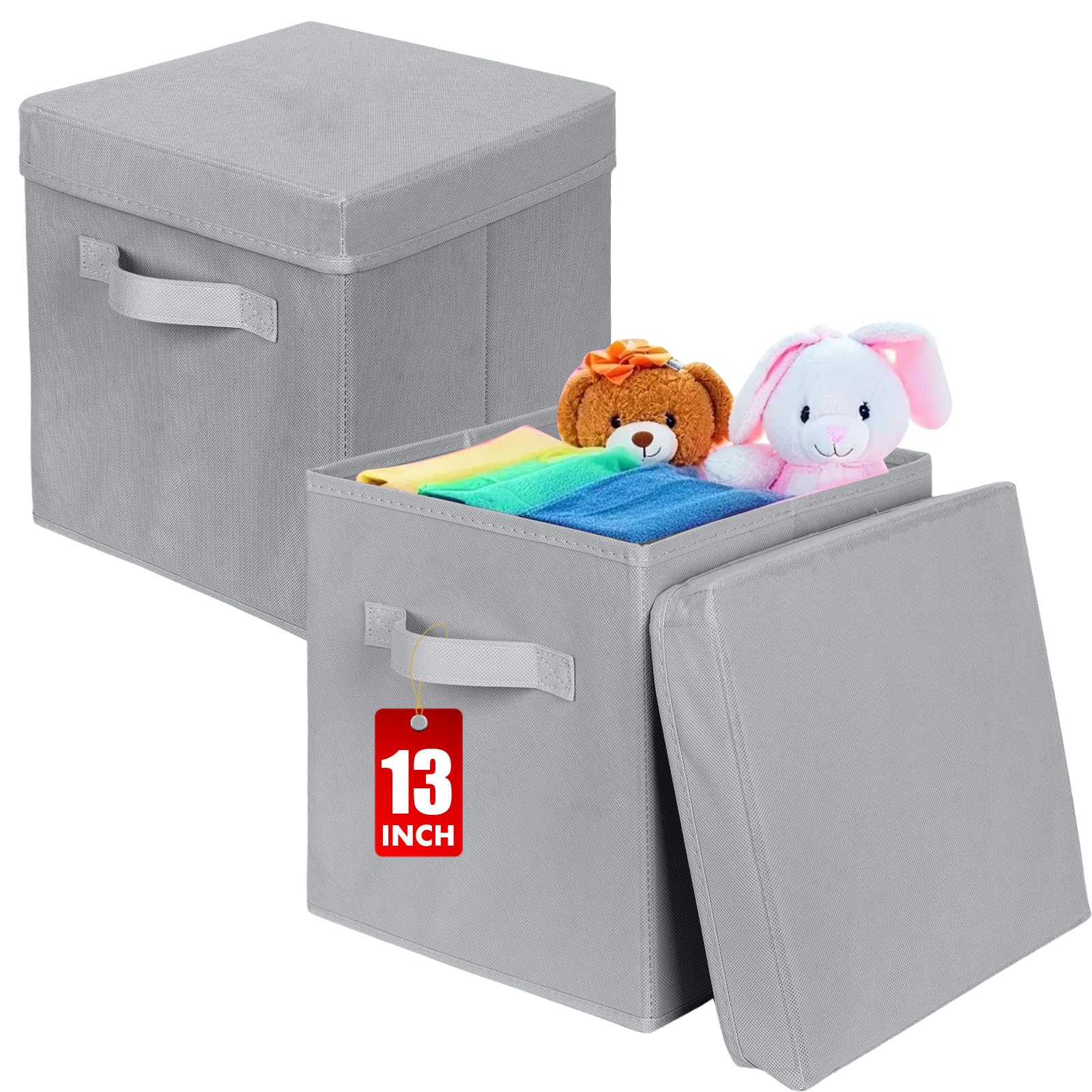 powerking Aufbewahrungsbox Behälter, 2 Pack klappbarer Stoff Aufbewahrung Würfel mit Deckel, Kleidung Organizer Schublade für Schrank und Spielzeug Aufbewahrung, 33 x 33 x 33 cm,Hellgrau Küche, Haushalt & Wohnen
