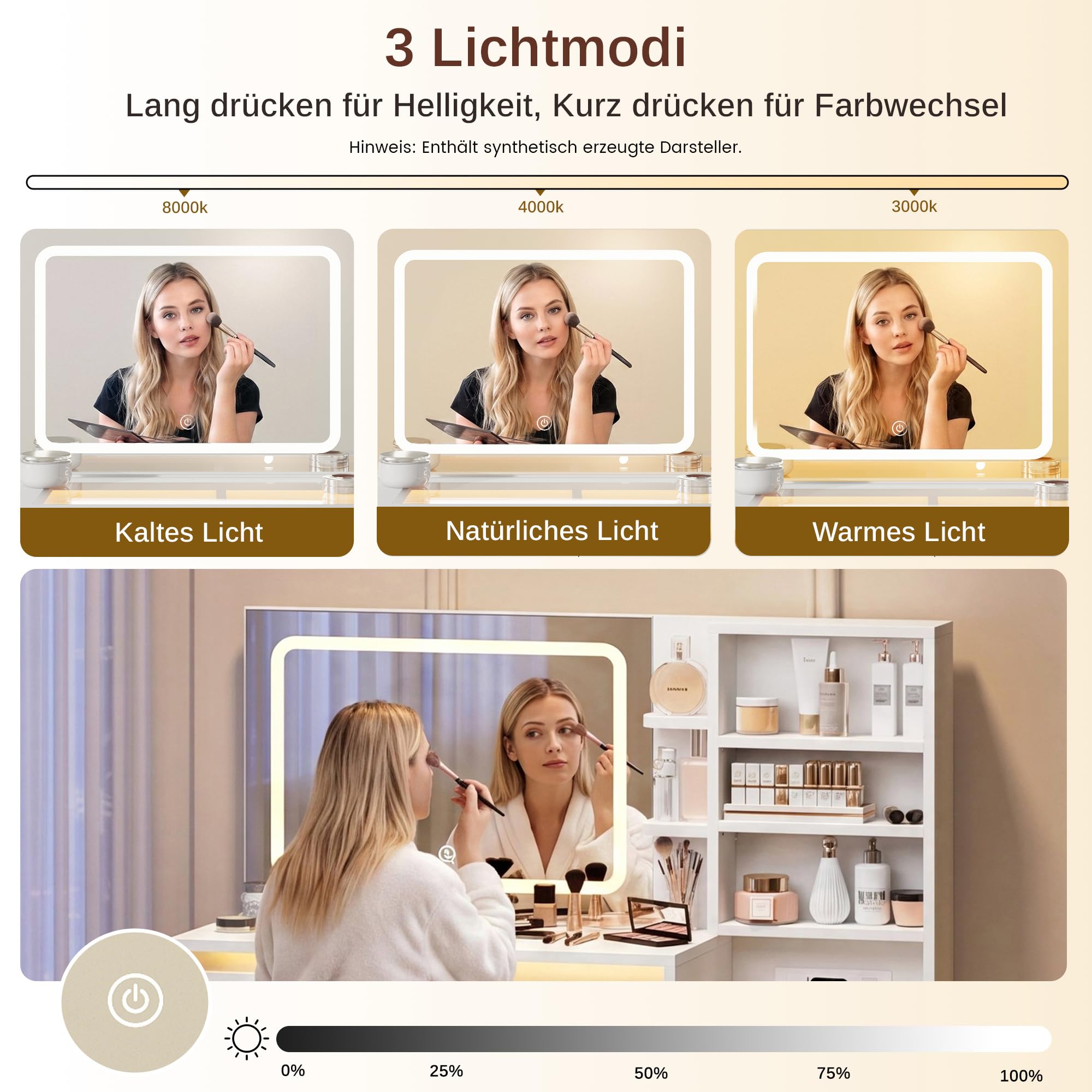 IRONCK Schminktisch mit LED-Beleuchtung, Glasplatte, Hocker & Steckdose | Schminktisch mit Spiegel, 5 Schubladen, offene Fächer, verstellbare Ablagen, 2 AC, USB-A & USB-C Anschluss, Weiß
