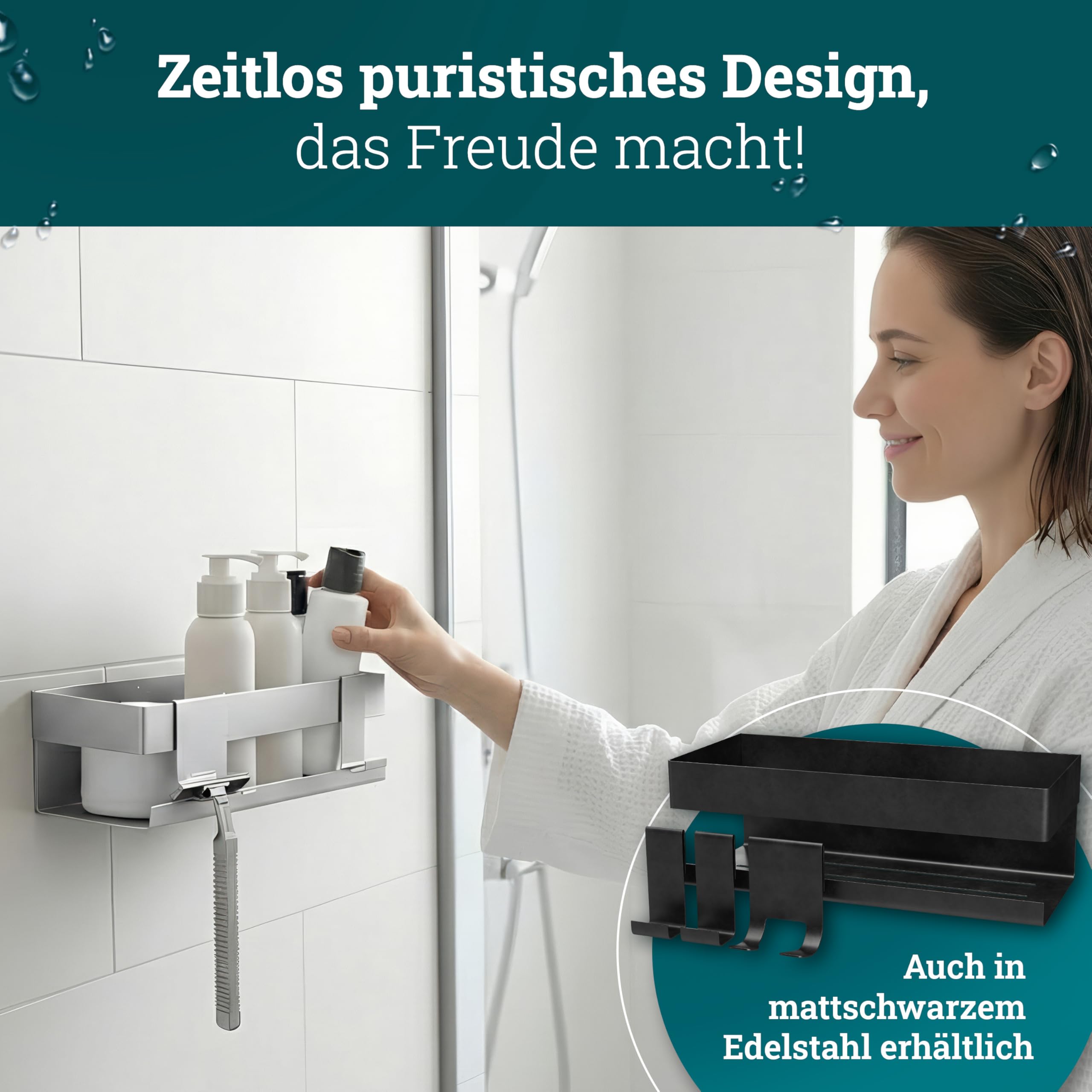 husman® Estante de ducha sin taladrar | acero inoxidable cepillado | con ranuras de drenaje y 3 ganchos | pegar en lugar de taladrar | cesta de ducha estantería de pared estantería de ducha estantería