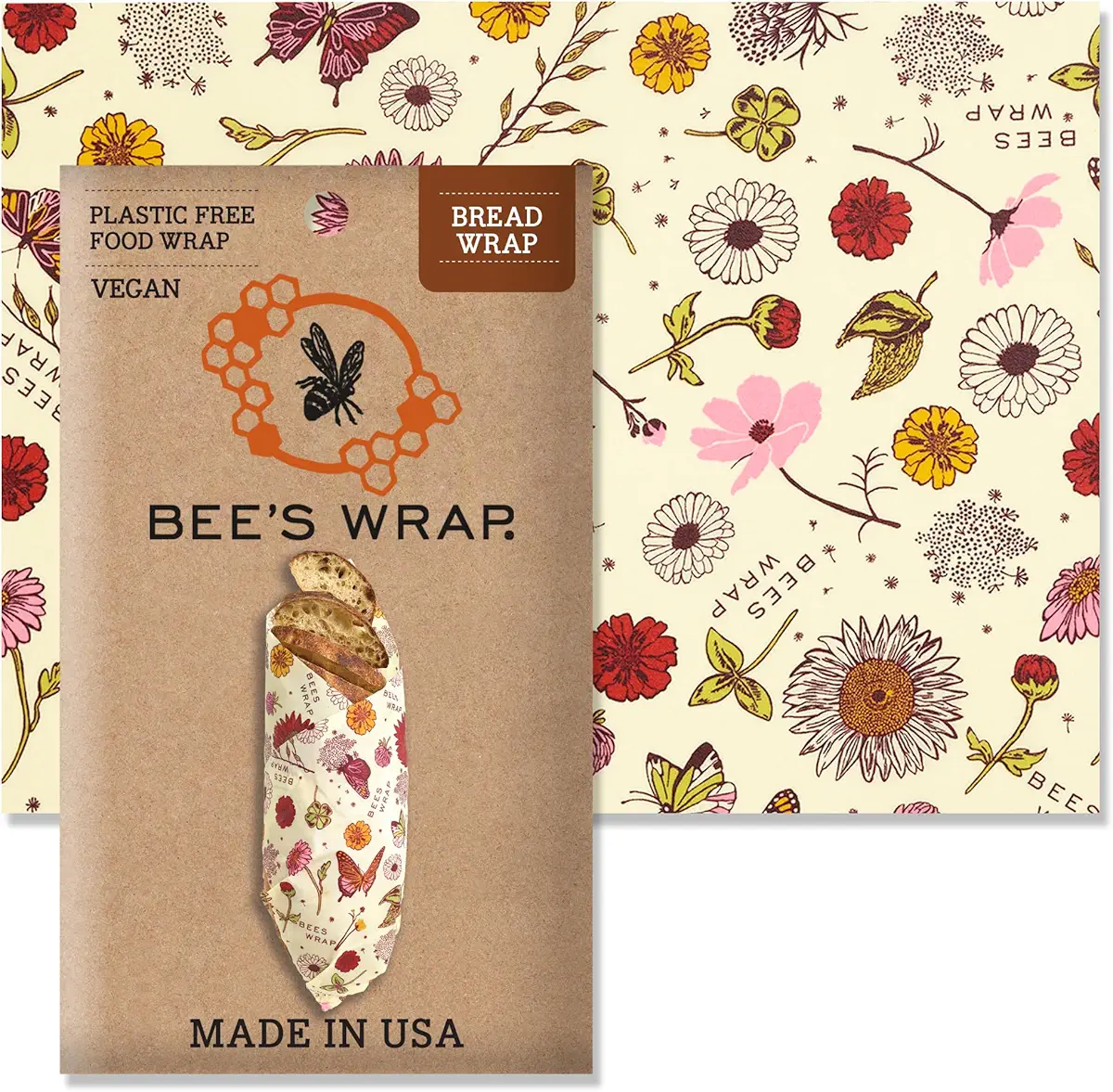 Bee&#39;s Wrap - Vegan Bread Wrap - Made in the USA with Certified Organic Cotton - Plastic and Silicone Free - Reusable Eco-Friendly Plant-Based Food Wrap - Meadow Magic Print