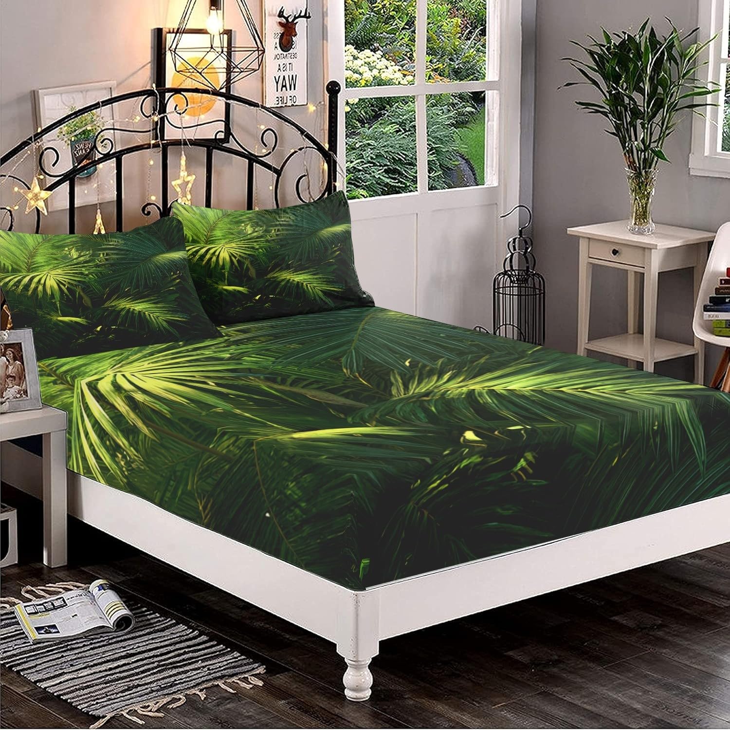 Drap Housse 200x200cm Vert Bande Élastique Réglable 2 Personnes Lit