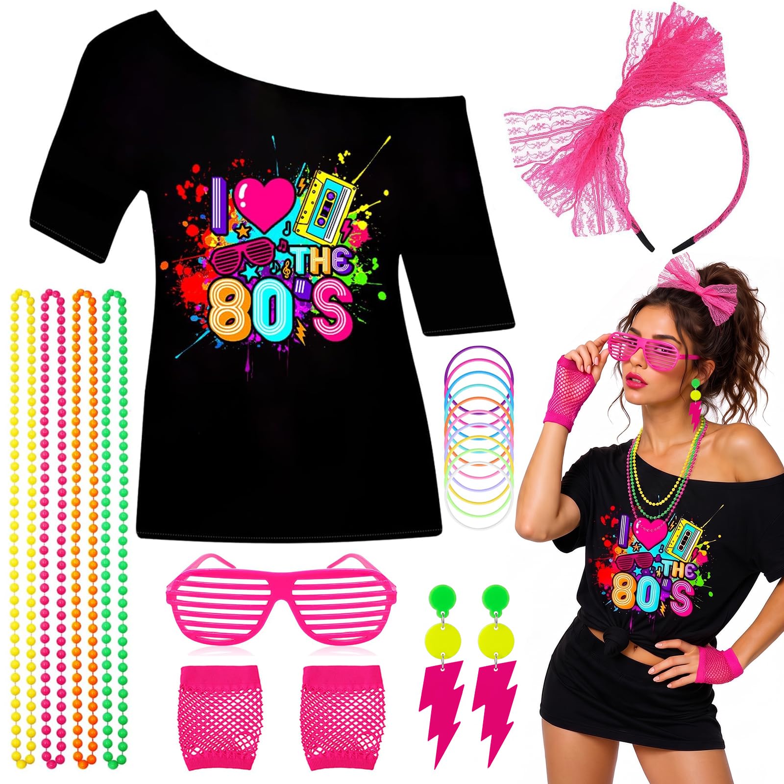 iSharely 7PCS 80s Costume Accessories Set for Women (Rose Red, S)
