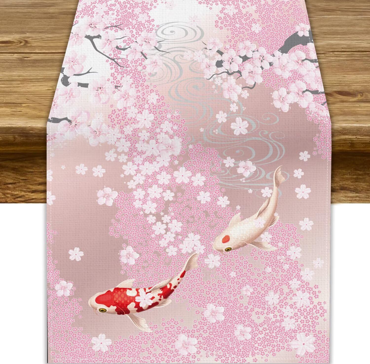 Japanese Cherry Blossom Table Runner, Pink Floral Japanese Koi Traditional Vintage Chinese Print Dinner Table Runners for Home Living Room Kitchen Dining Room 13x120in