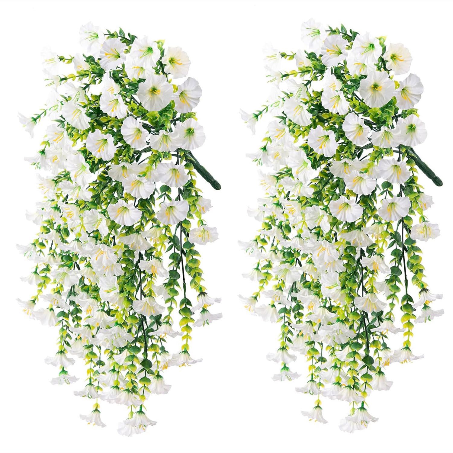 2 Pack Artificial Flowers for Outdoors UV Resistant Fake Morning Glory Vine Hanging Flowers for Porch Garden Fence Decor Weatherproof Silk Flower Garland (White) image 2