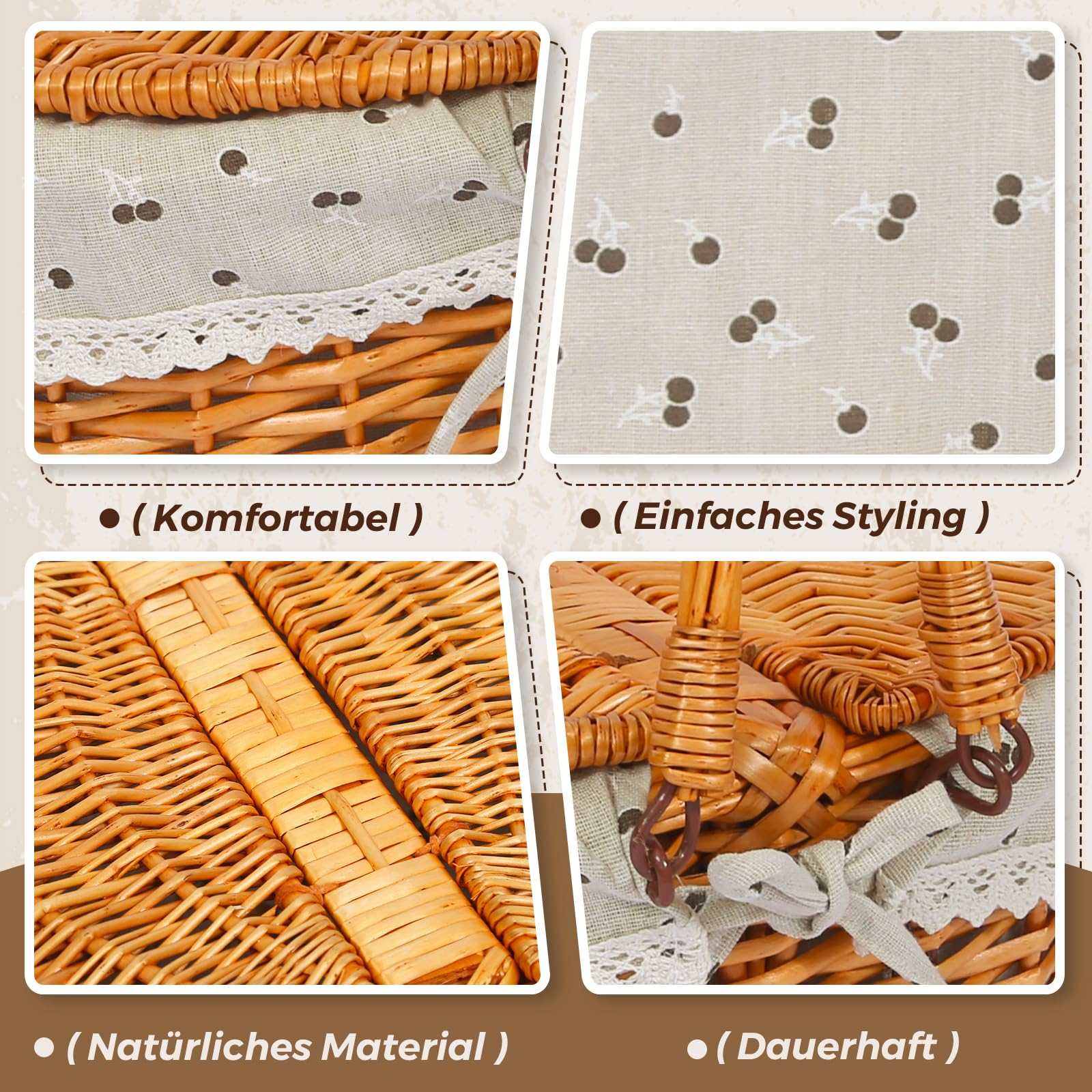 Panier de pique-nique en osier pour 4 personnes, avec couvercle et poignée, panier de pique-nique avec doublure lavable et couverts pour l'extérieur, le camping, Halloween, Noël et un