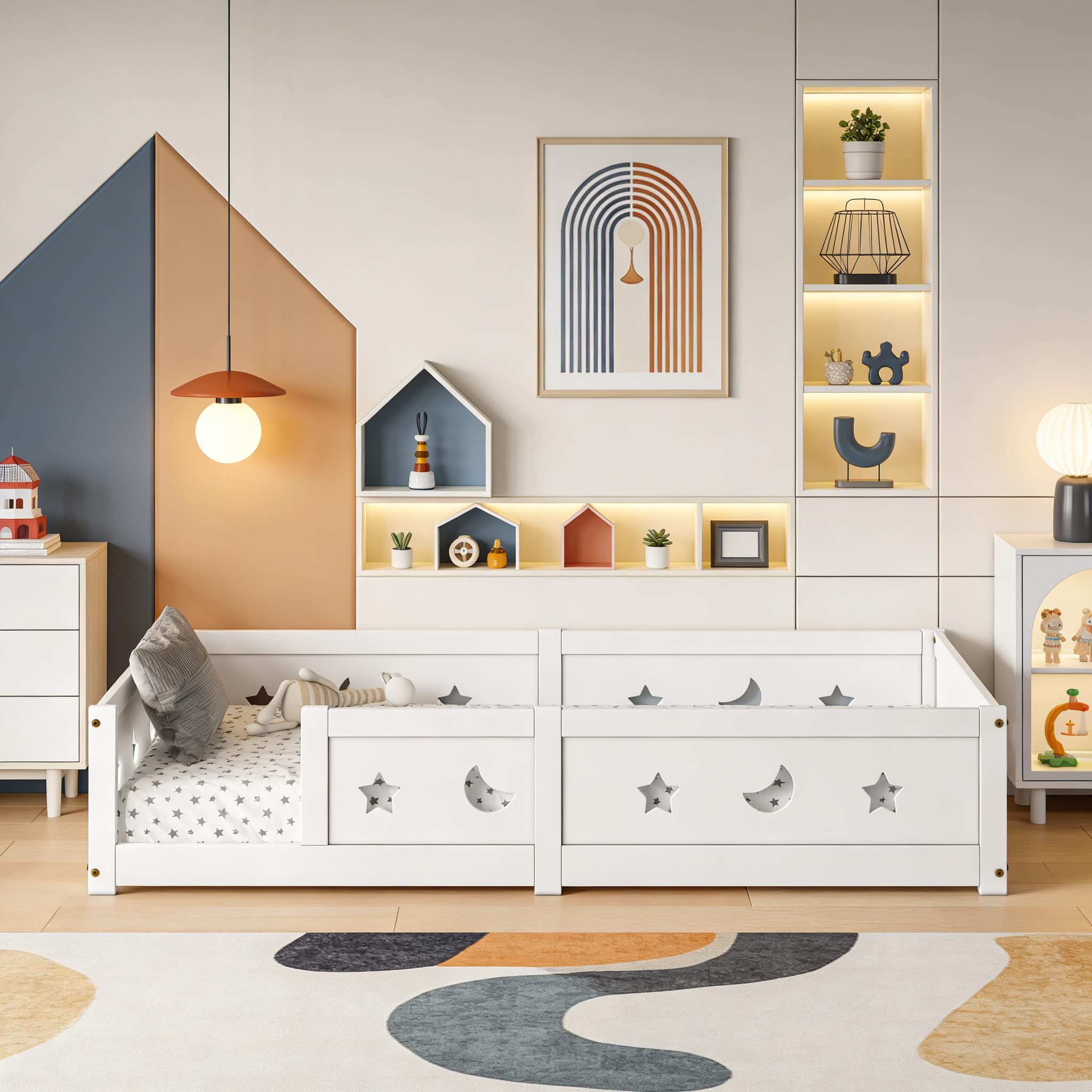 Letto per bambini 90 x 200 cm, letto Montessori con protezione anti-caduta e rete a doghe massiccia, per bambini, in legno di pino (bianco B, 90 x 200 cm)