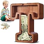 Summidate Large Wooden Piggy Bank for Kids Adults, Letter T Money Bank for Boys Girls, Personalized Initial Alphabet Bank for Coins Bills Change, Birthday and Decor
