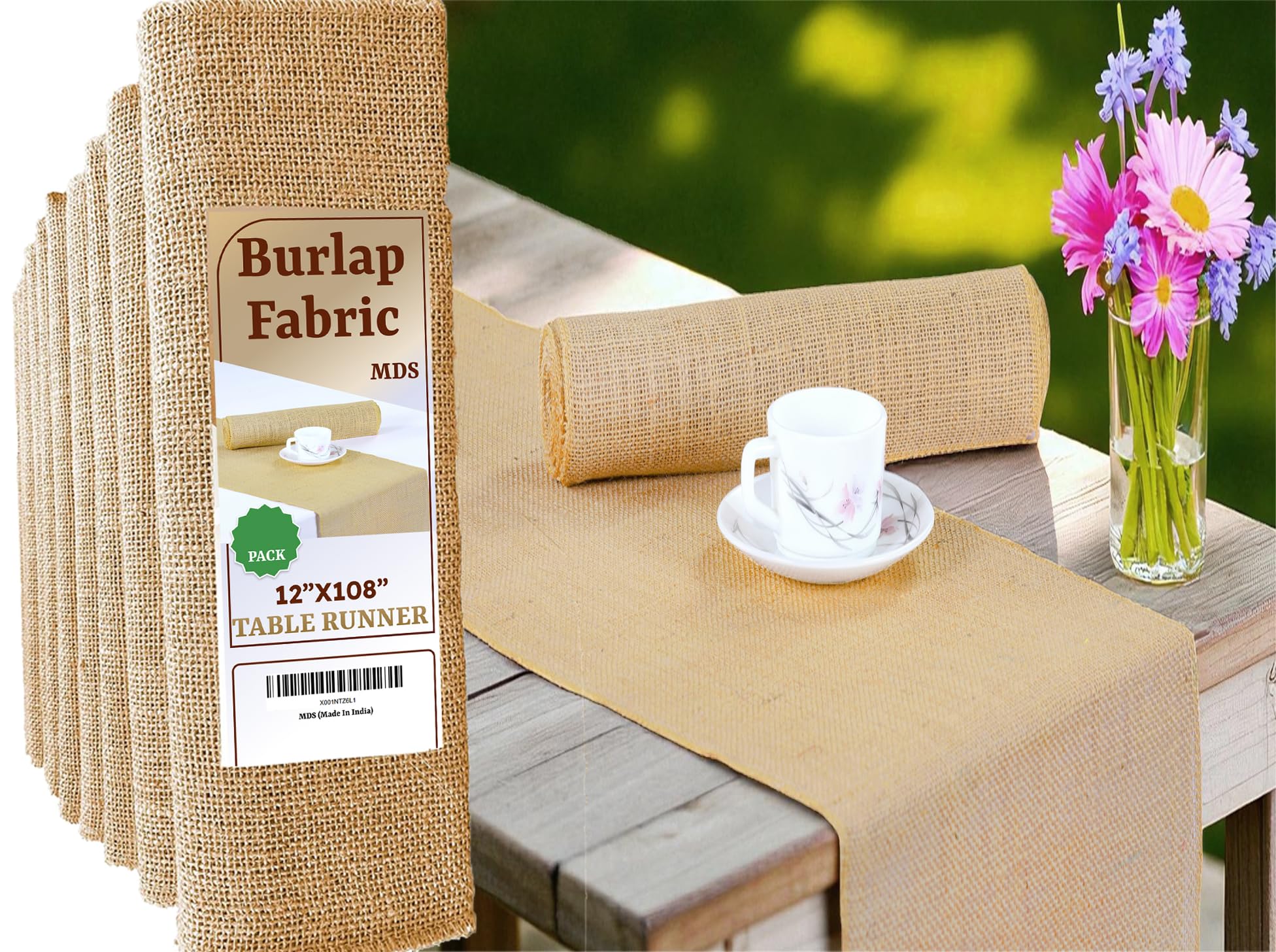 MDS 10 PCS 100% Natural Burlap Table Runners 12 x 108 Inch Long, Rustic Farmhouse Country Vintage Boho Jute Runner for Wedding Birthday Home Party Seasonal Event Dinning Table Decoration - Natural