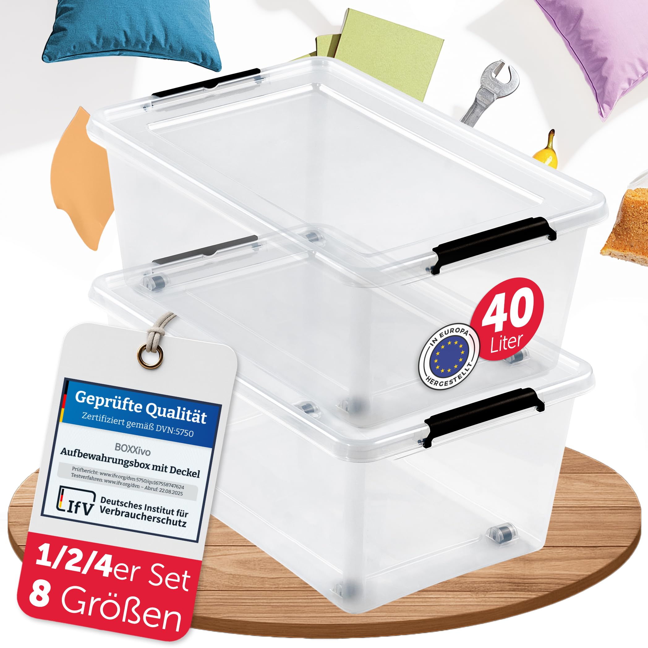 Boîtes de rangement avec couvercle 40 L - Lot de 2 – boîtes de rangement sans BPA et compatibles alimentaire – caisses de rangement avec couvercle