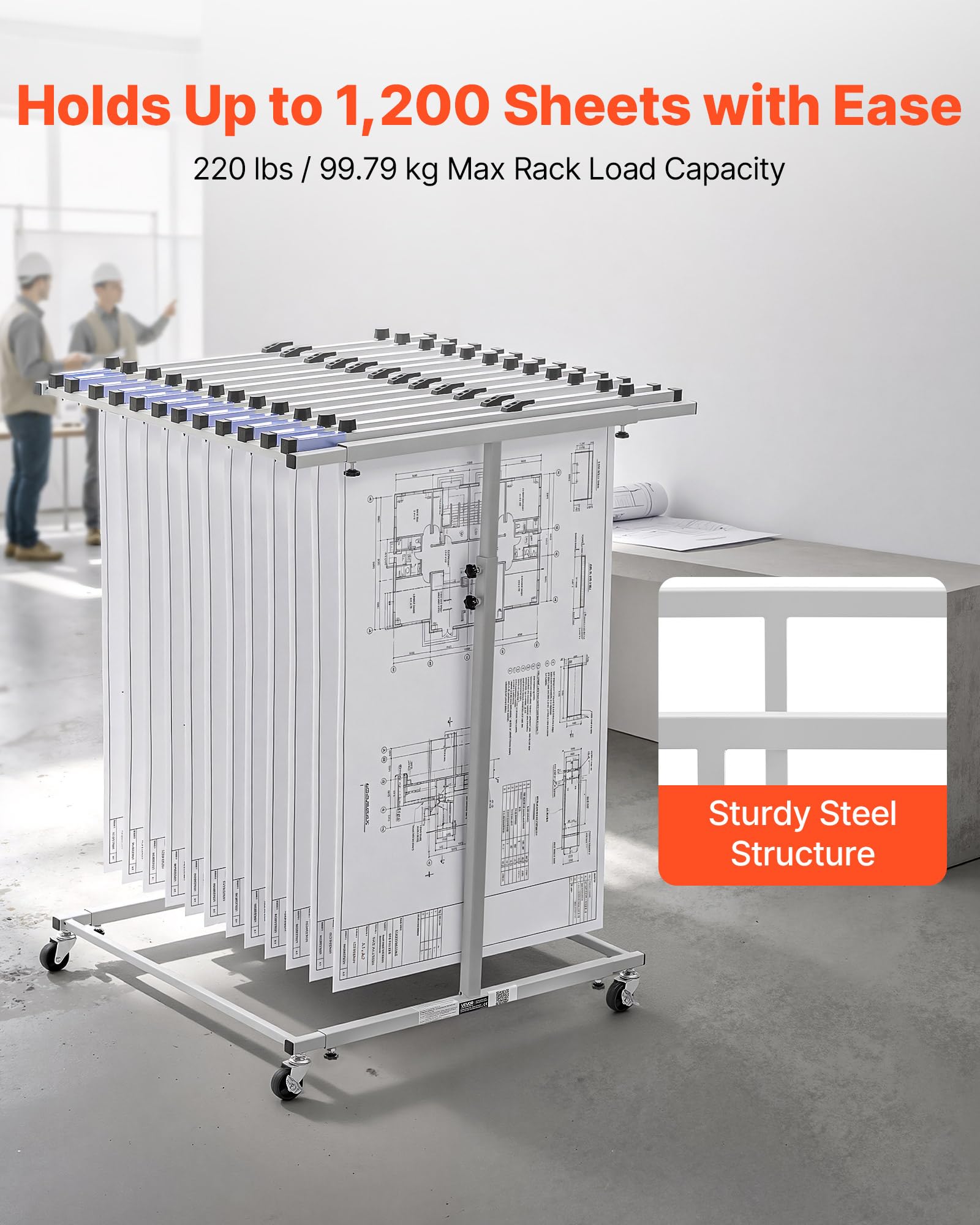 VEVOR Soporte de Almacenamiento para Planos, Estante Colgante para Blueprints, sin Abrazaderas, Móvil con Ruedas, Organizador para Mapas Carteles Archivos, para Ingeniería Construcción Oficina Hogar