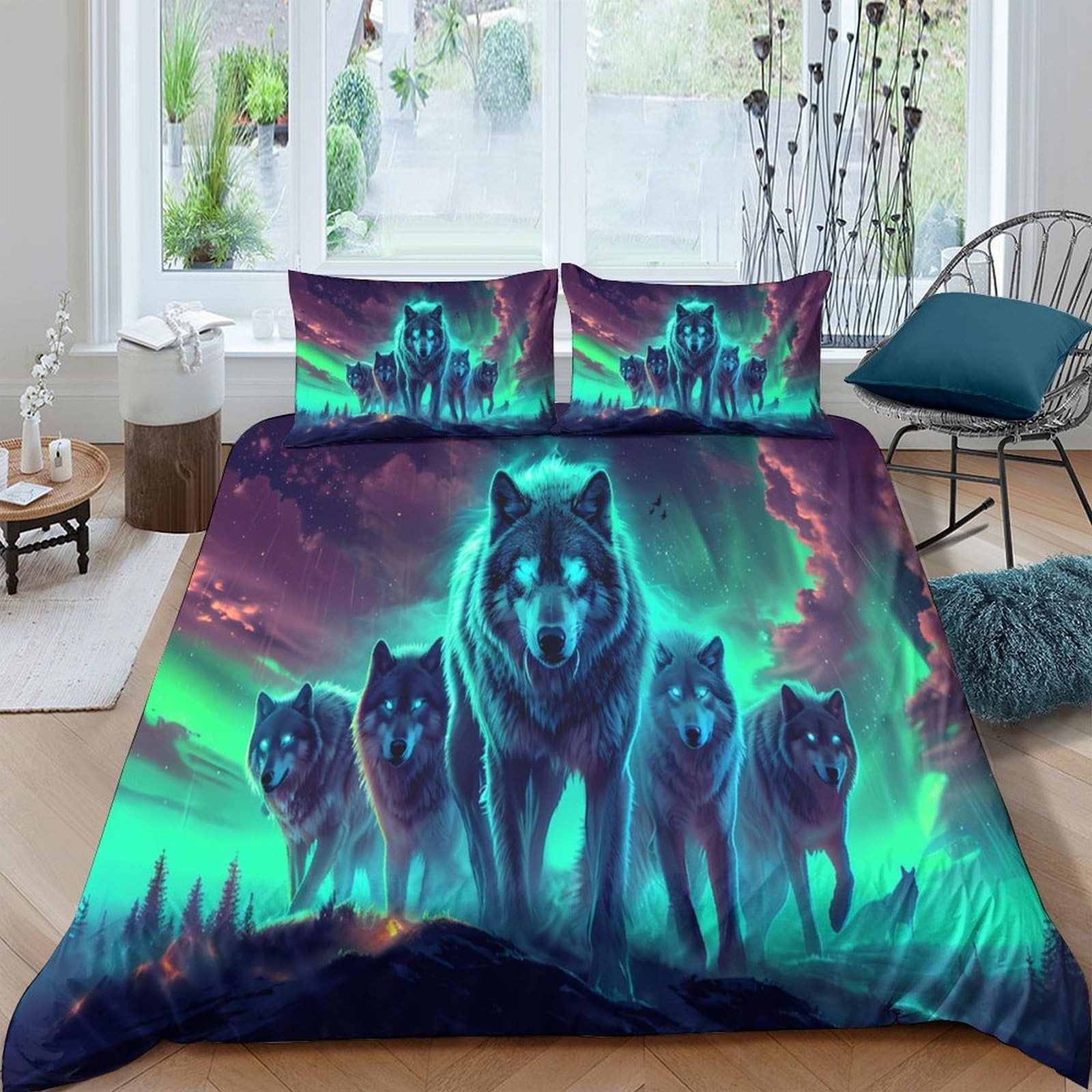 Ctjqhvkz Style-2 3D Printed Aurora Wolf Fitted Sheet Microfiber Anti-Slip Bedroom Decor Forest Mattress Cover Machine Washable Single（135X200cm）