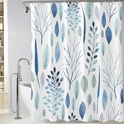 Cortina de ducha con hojas de color azul claro, cortinas de ducha de baño de plantas, cortina de ducha botánica de tela impermeable, 72 x 72 pulgadas