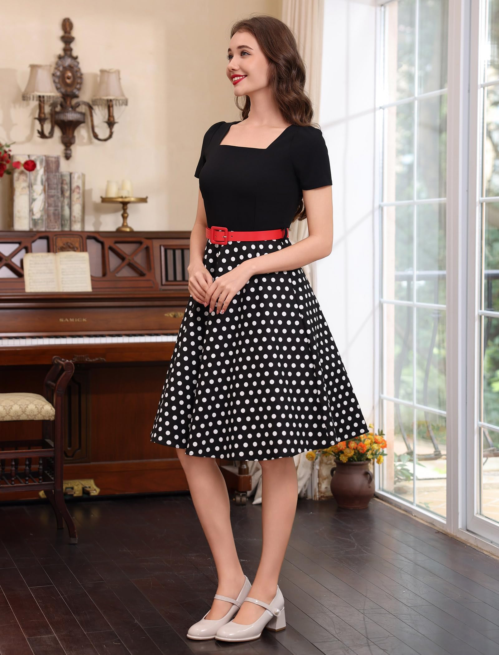 Odizli Rockabilly - Vestido vintage de los años 50 para mujer, cuello cuadrado, lunares, flores, swing hasta la rodilla, vestido coctail con cinturón