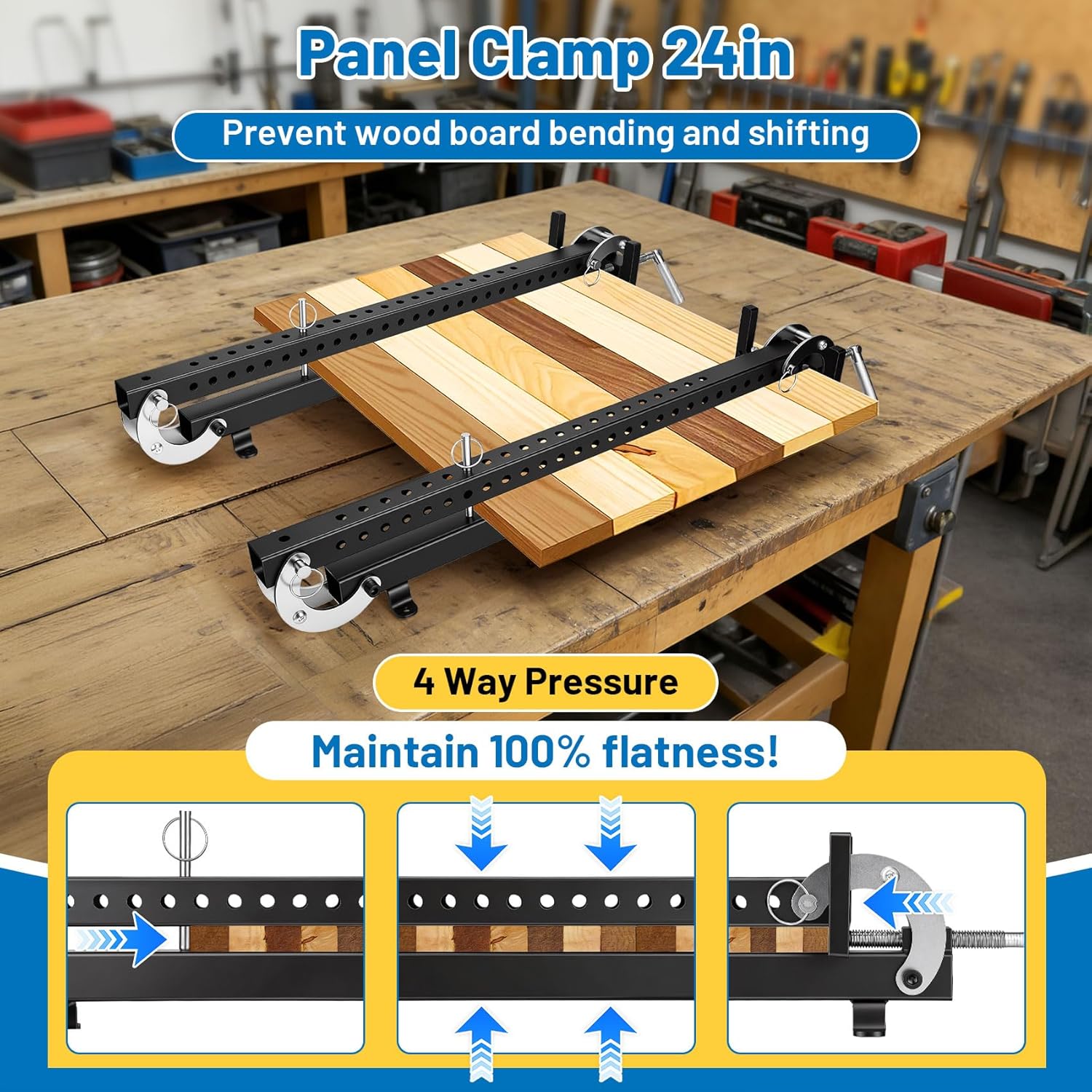 24 Inch Panel Clamp (2 Pack), 4-Way Pressure Steel Parallel Clamp for Board Cabinet, Cutting Boards, Precision Projects, Adjustable Parallelogram Couplers, Panel Clamps Woodworking