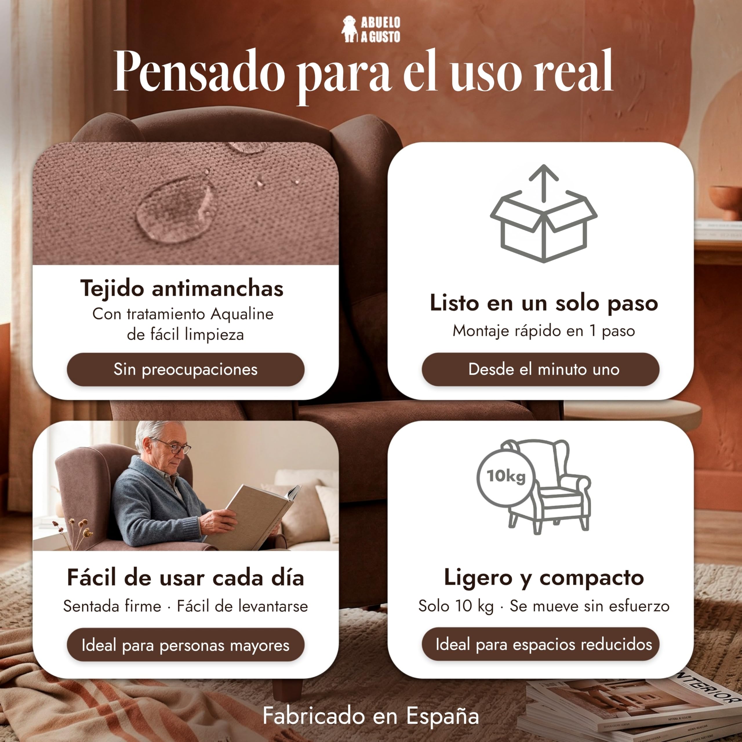 Abuelo A Gusto | Sillón Orejero Individual Roma - Compacto para Salón y Dormitorio - 106x74x78cm - Butaca de Lectura Cómoda y Ligera - Tela Antimanchas, Respaldo Alto y Sentada Firme (Marrón)