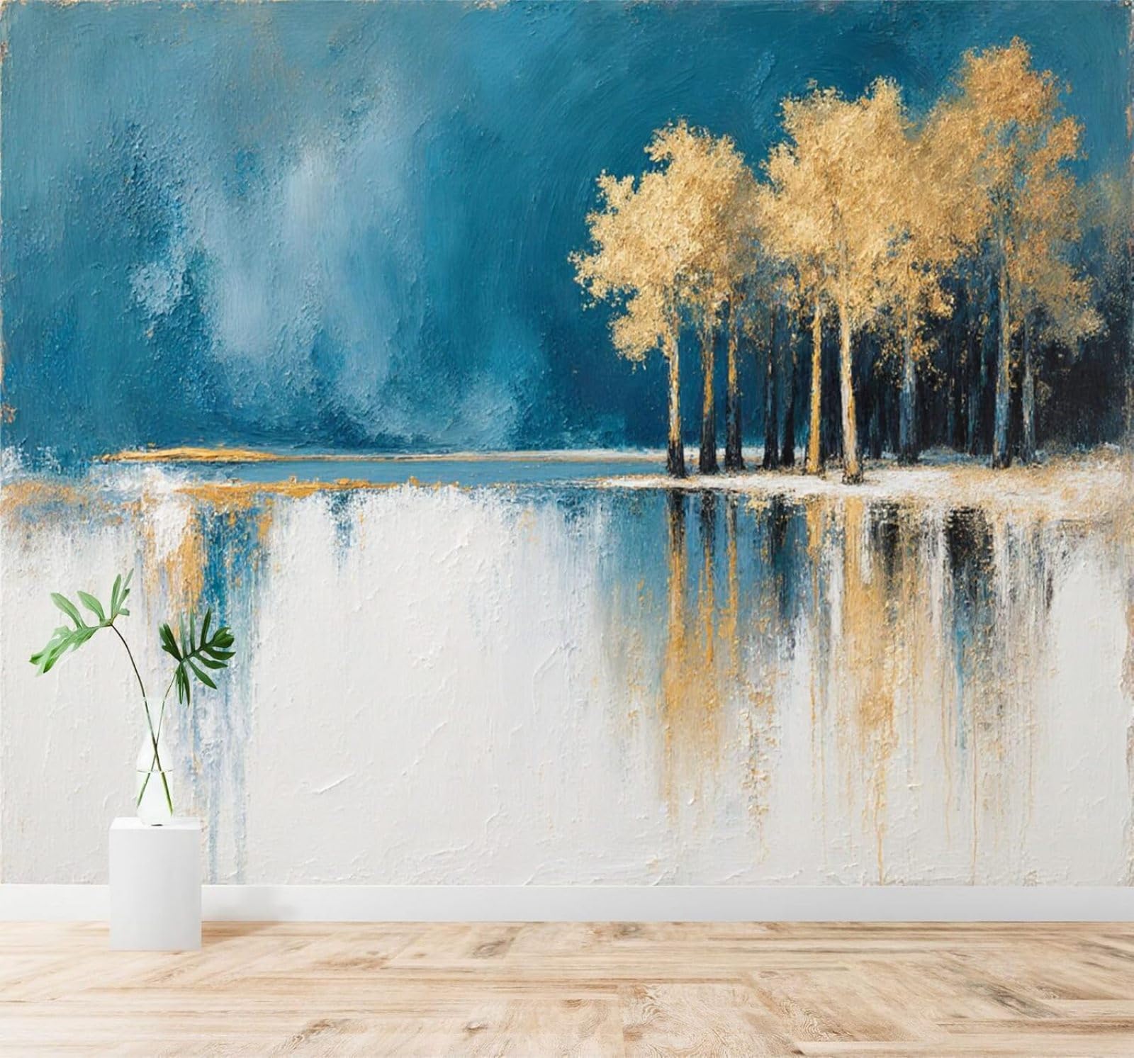 XLMING Lakeside Abstract Golden Trees Blue Sky Reflection 3D Wallpaper Silky Texture Home Study Office Grey Dining Room Sofa Bedroom Living Room TV Backdrop-250cm×170cm