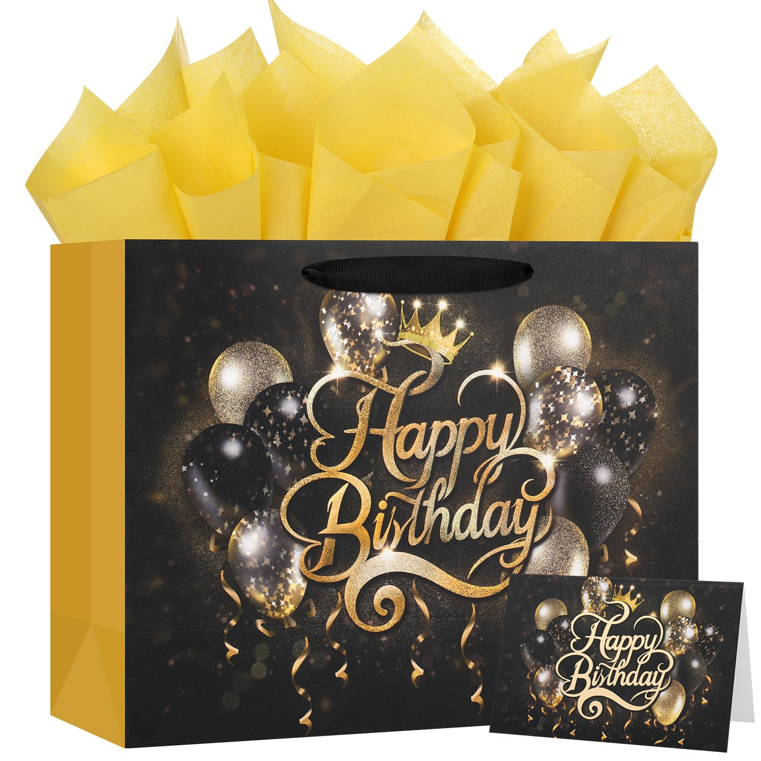 Black Birthday Gift Bag with Tissue Paper and Greeting Card, 12.6“x9.9"x4.3" Happy Birthday Gift Bags for Party, Yellow Balloon Design Gift Wrap Bags Decor for Men, Women and Kids, 1 PCS, Medium Size