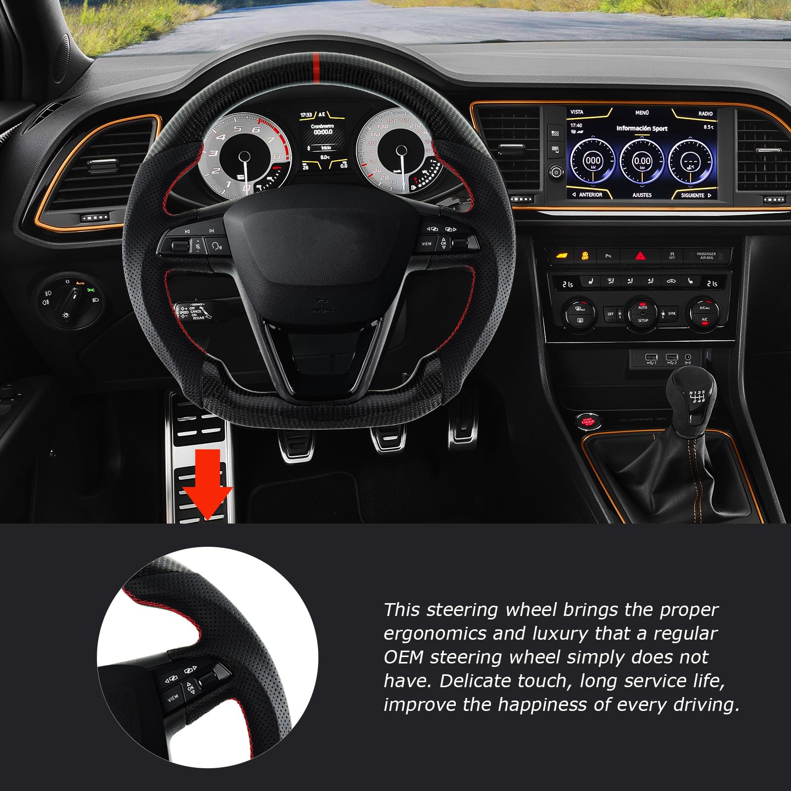 Volante de fibra de carbono, volante de cuero en forma de D, fondo plano, costuras rojas, volante personalizado, mango de cuero perforado para Seat Cupra Leon MK3 2013-2019