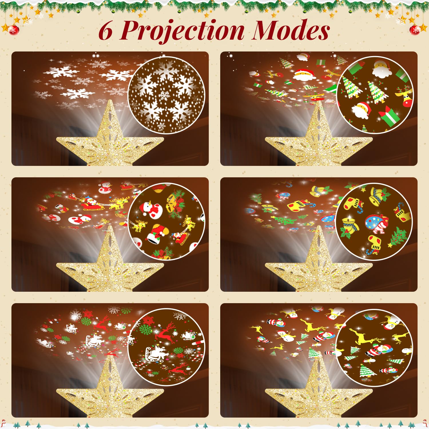 Cimier de sapin de Noël éclairé avec guirlande lumineuse chaude de 10 m - Décoration de sapin de Noël avec projecteur rotatif 3D - Pour intérieur ou extérieur - Pour fête de Noël - Doré