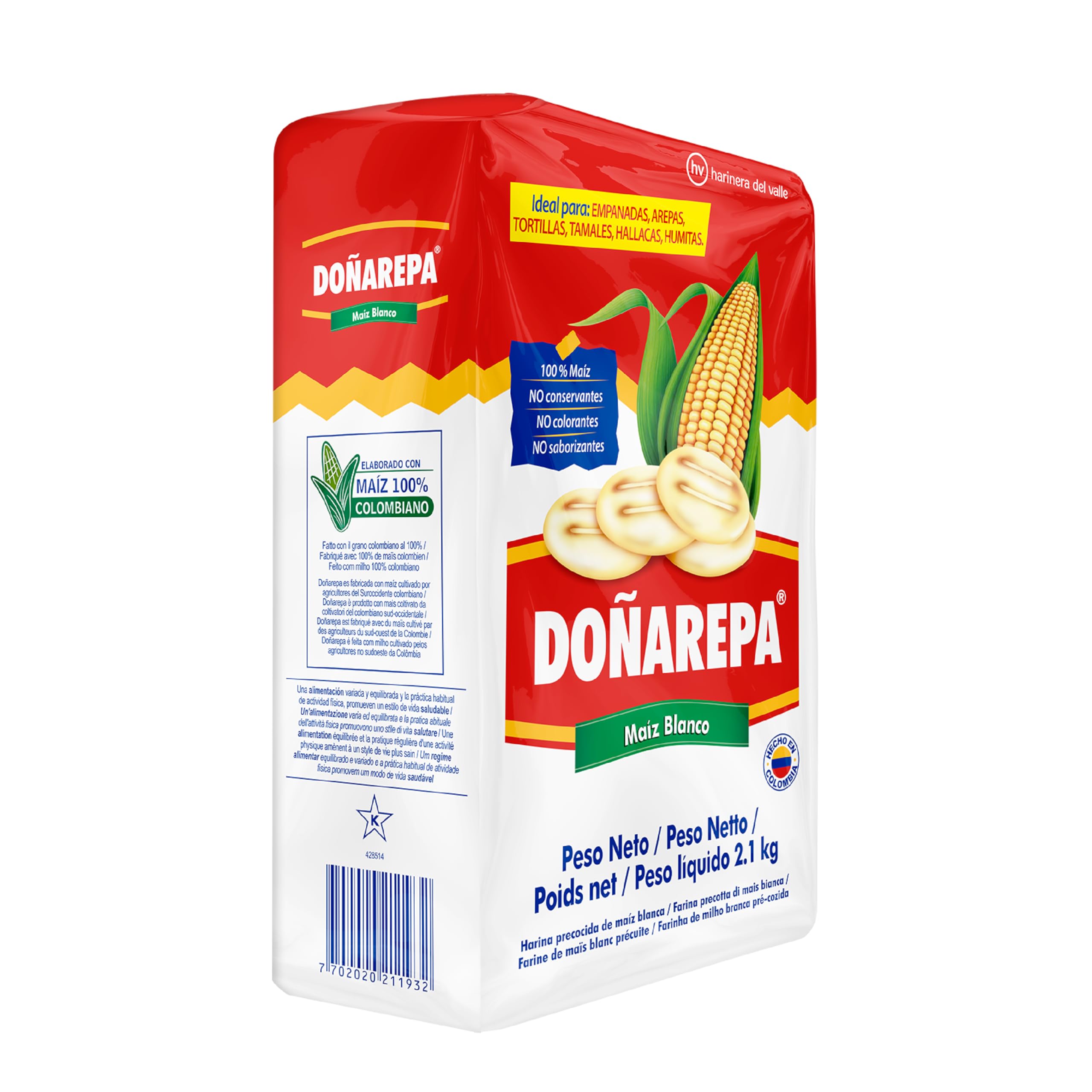 Doña Arepa - Harina de Maíz Blanco Extrafina - Formato de 2,1 Kg | Harina de Maíz - Rico en Fibra - Ideal para Preparar Arepas Colombianas, Cachapas y Platos típicos