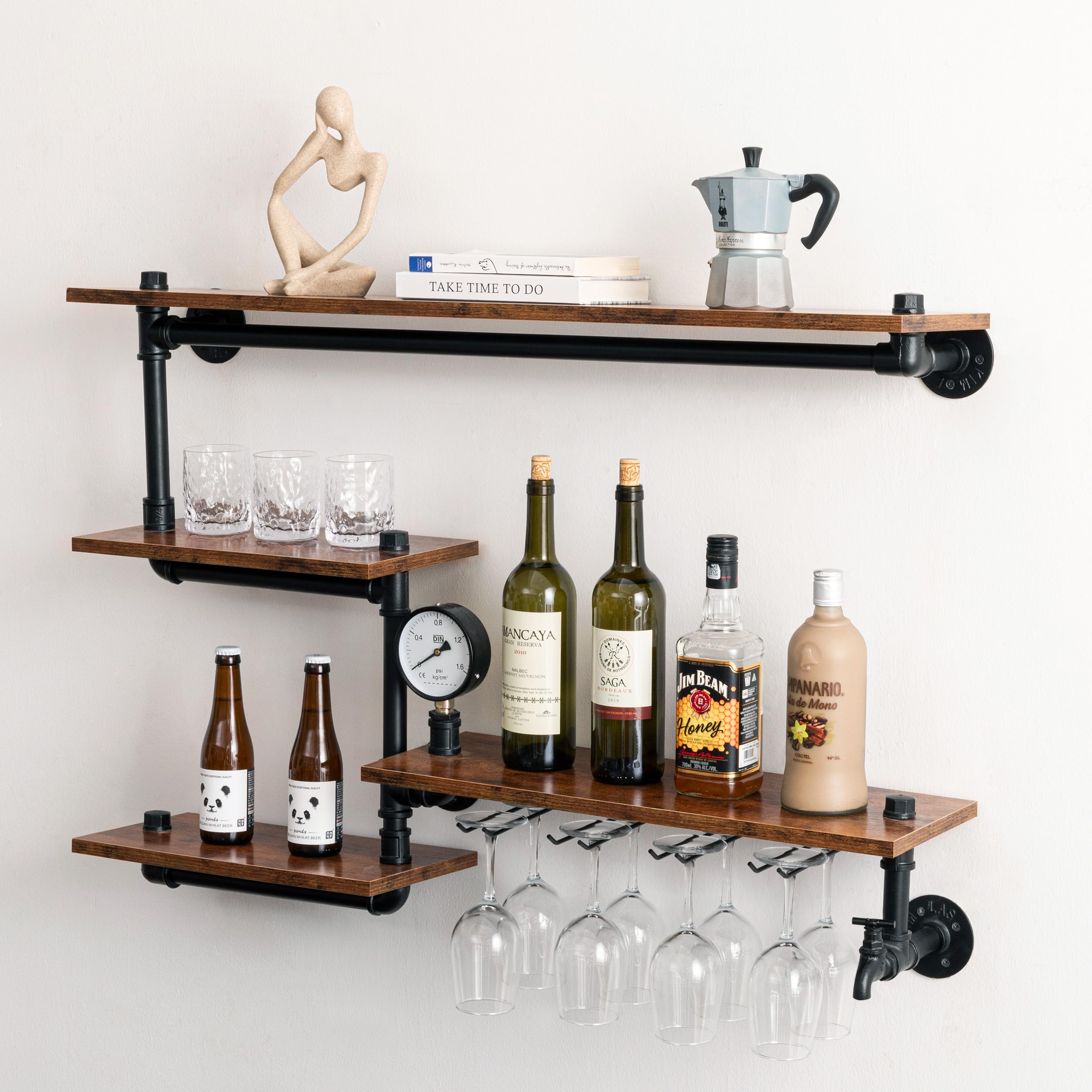 eletecpro Industrial Pipe Floating Shelves Wine Rack Wall Mounted with 4 Stem Glass Holder, Rustic Metal Floating Bar Shelves, Wall Shelf Unit for Kitchen, Living Room, Home