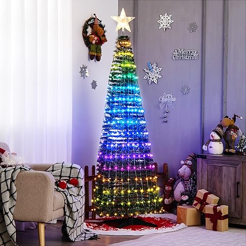 Miniatura 2 de Goplus Árbol de Navidad desplegable de 6 pies, árbol de Navidad plegable preiluminado con 282 luces LED RGB, 12 modos de luz, control de aplicación