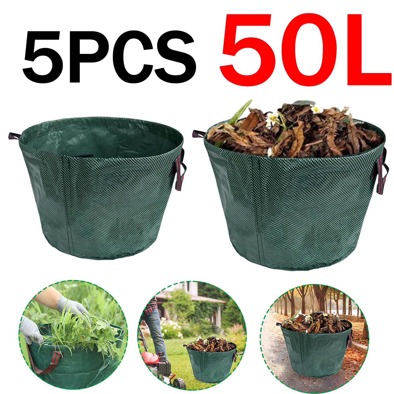Sacos de Jardin Bolsa Jardin Bolsa de jardín de 50L, Saco de Hojas de Gran Capacidad, Cubo de Basura Ligero, contenedor de Basura Plegable para jardín, Bolsa de Almacenamiento(3PCS)
