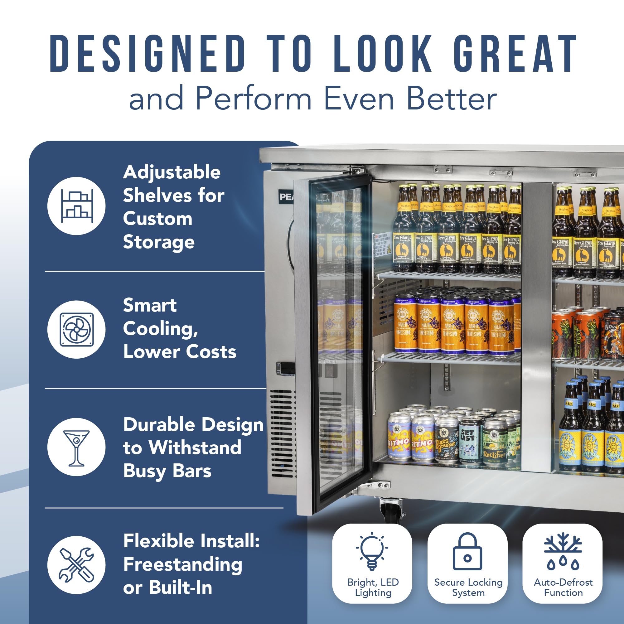Peakcold 2-Door Counter Height Beverage Refrigerator - 49" Wide Energy Efficient Stainless Steel Beer Fridge With Glass Doors & White LED Lighting - Commercial Back Bar Cooler on Fridge.com - View 4