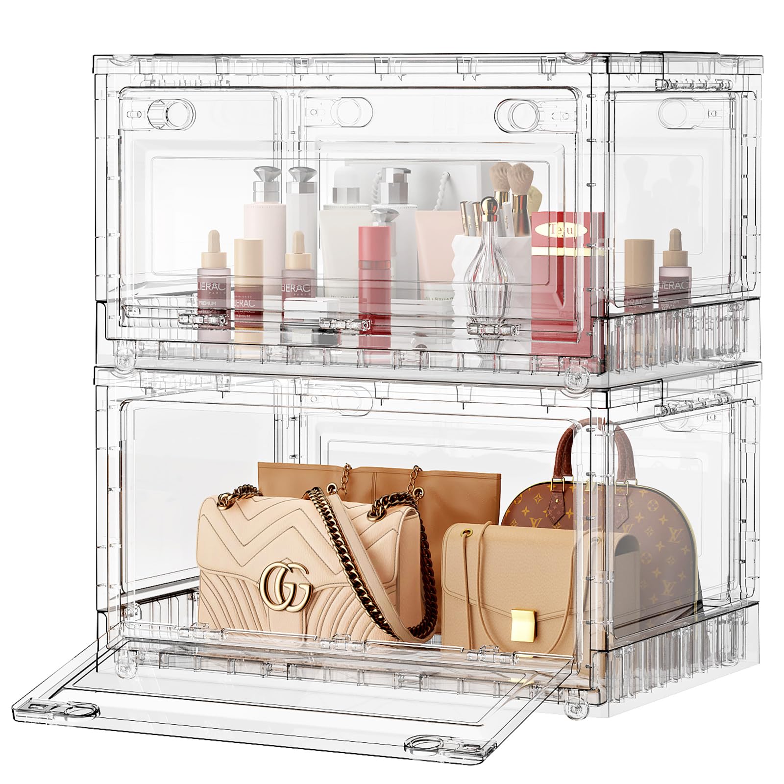 BROVIEW Clear Stackable Storage Bins Drawers, Open Front Large Plastic Storage Bins with Lids, Foldable Closet Organizers and Storage for Wardrobe Cabinets, Pantry, Makeup,2 Pack
