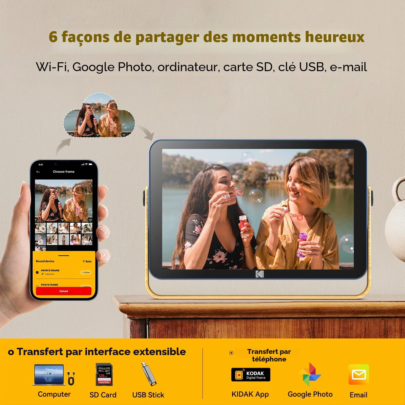 KODAK Cadre Photo Numérique, Cadre Numérique Photo WiFi 10 Pouces, Batterie Intégrée de 4000mAh, Mémoire de 32 Go, Écran Tactile IPS HD, Partage de Photos, Musique et Vidéos Via Une App/E-Mail/USB