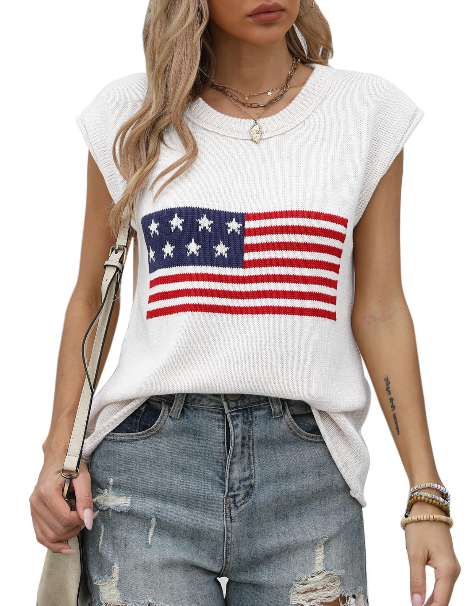 AQMR American Flag Sweater Women Graphic Print Cap Sleeve Knit Tank top Crew Neck Pullover Shirt 4th of