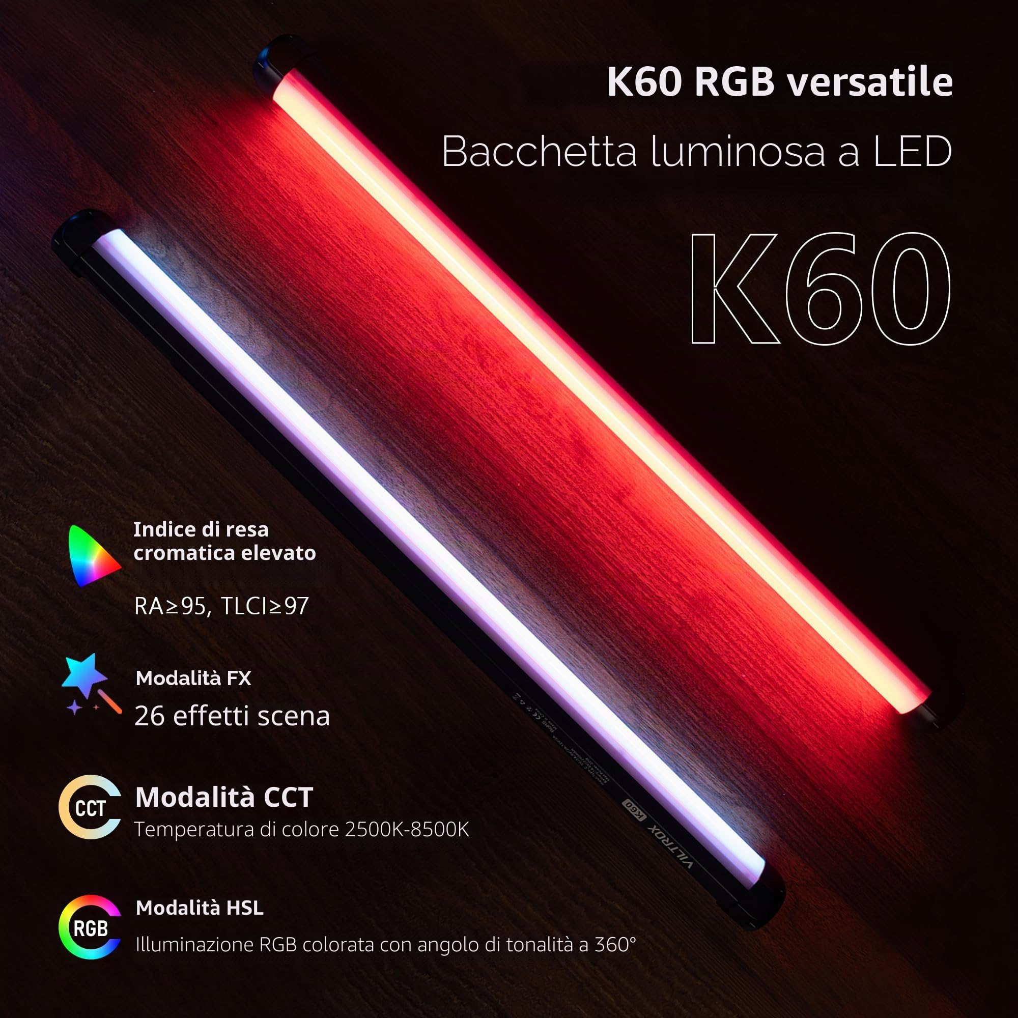 VILTROX K60 - Confezione da 2 luci LED RGB con controllo APP, palmare a 360° RGB tubo luce bacchetta per fotografia, dimmerabile 2500K-8500K, CRI97+, 26 scene di luce, display LCD, batteria 2200 mAh