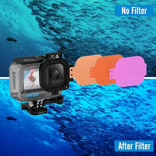 Miniatura 4 de Paquete de 3 lentes de filtro de buceo para Gopro Hero 891011 Oficial Submarino Buceo Impermeable Carcasa Protectora Rojo, Rojo Claro, Magenta