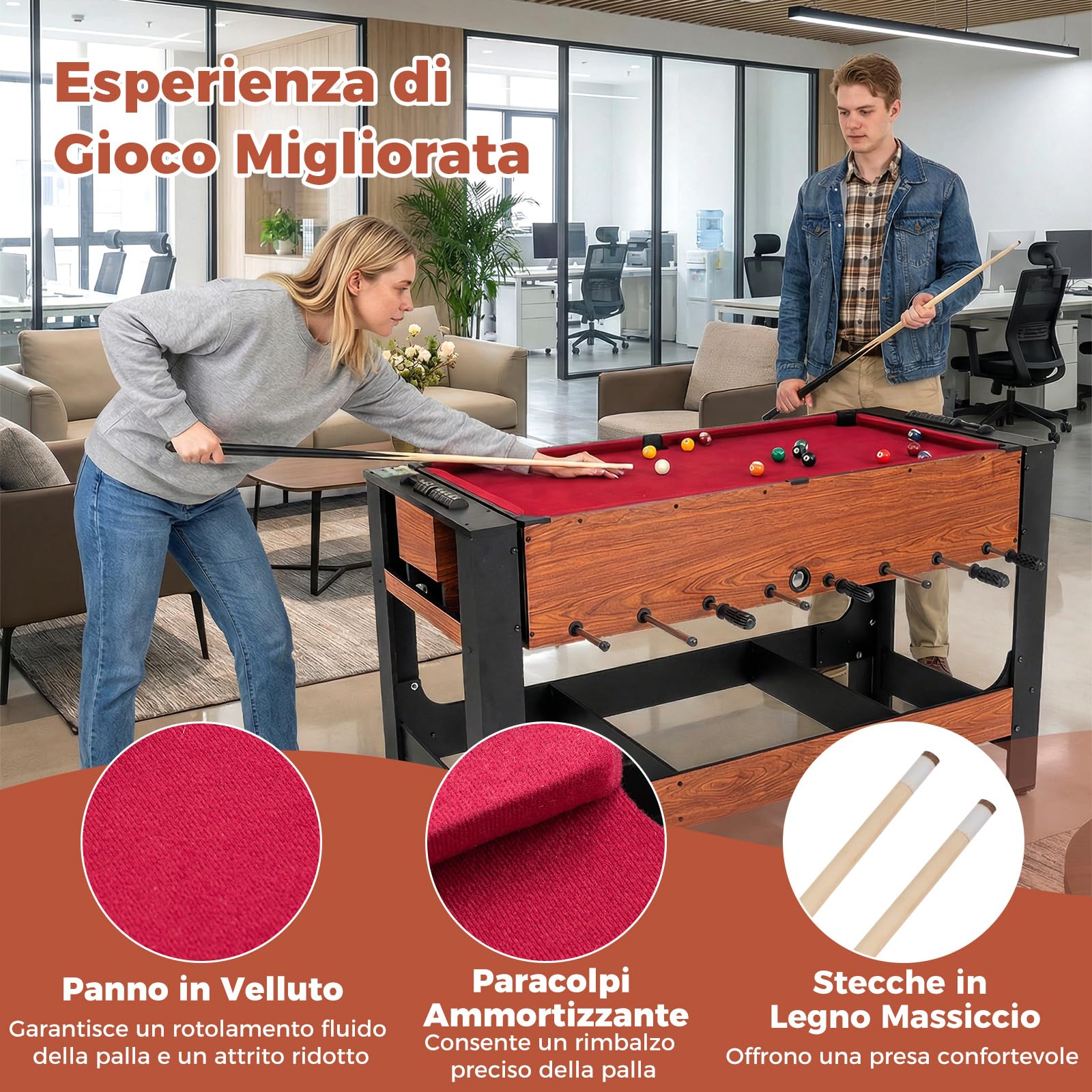 COSTWAY 2 in 1 Calcio Balilla, Tavolo da Biliardo con 2 Palline, Stecche Triangolo Spazzola e Gessetti, Tavolo Multigioco per Casa Sala Giochi e Feste