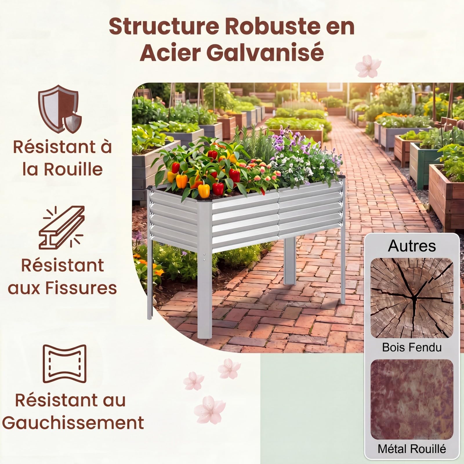 GOPLUS Jardiniere sur Pieds Surélevé en Métal, 118x60x77,5 CM, Carre Potager Rectangulaire Épais, Système de Drainage, Charge 50KG, Ergonomique, Potager sur Pieds pour Jardin, Terrasse (Argenté)