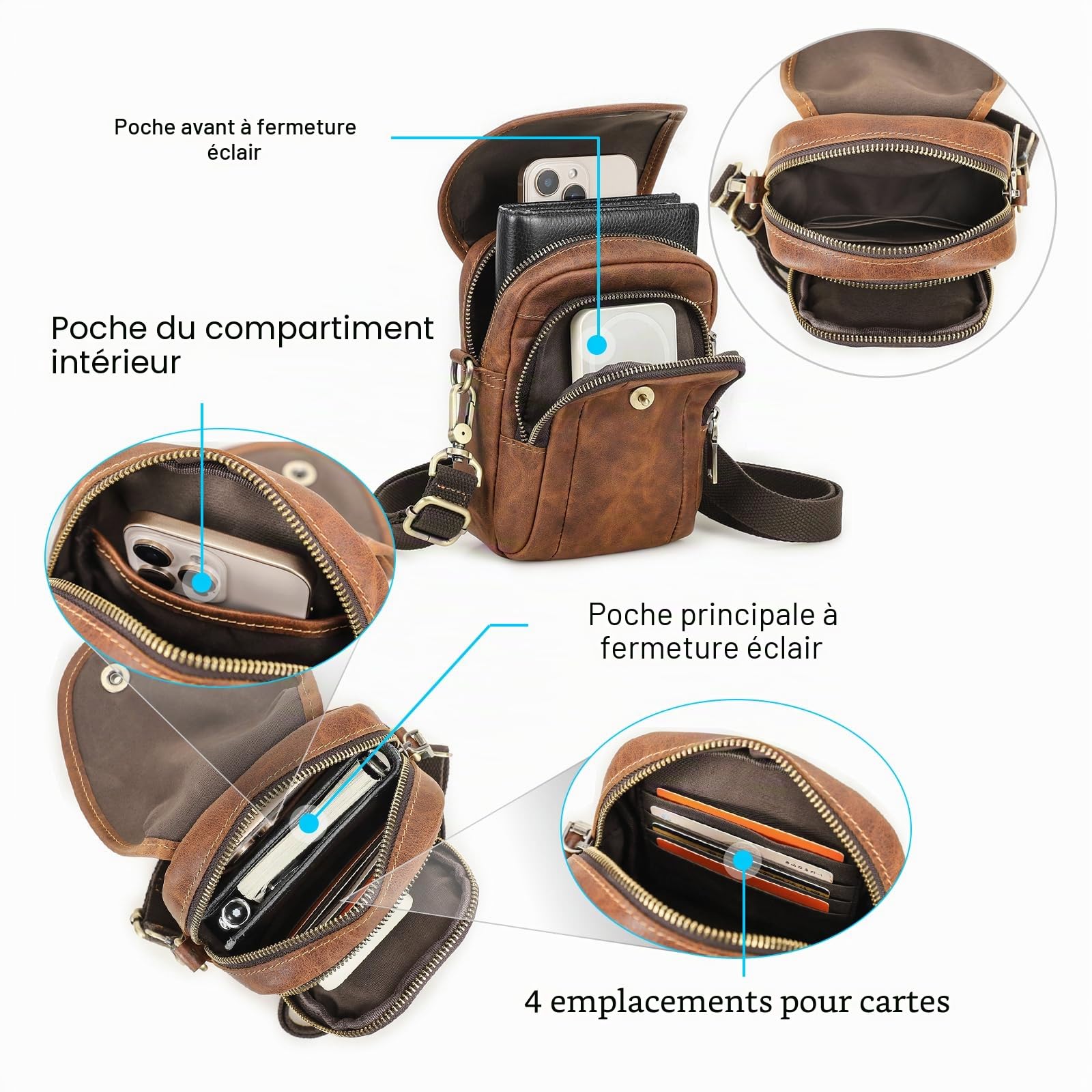 Contacts Petit sac à bandoulière en cuir pour homme avec sangle réglable, café, 14.0 X 7.5 X 19.5 Centimeters, Rétro