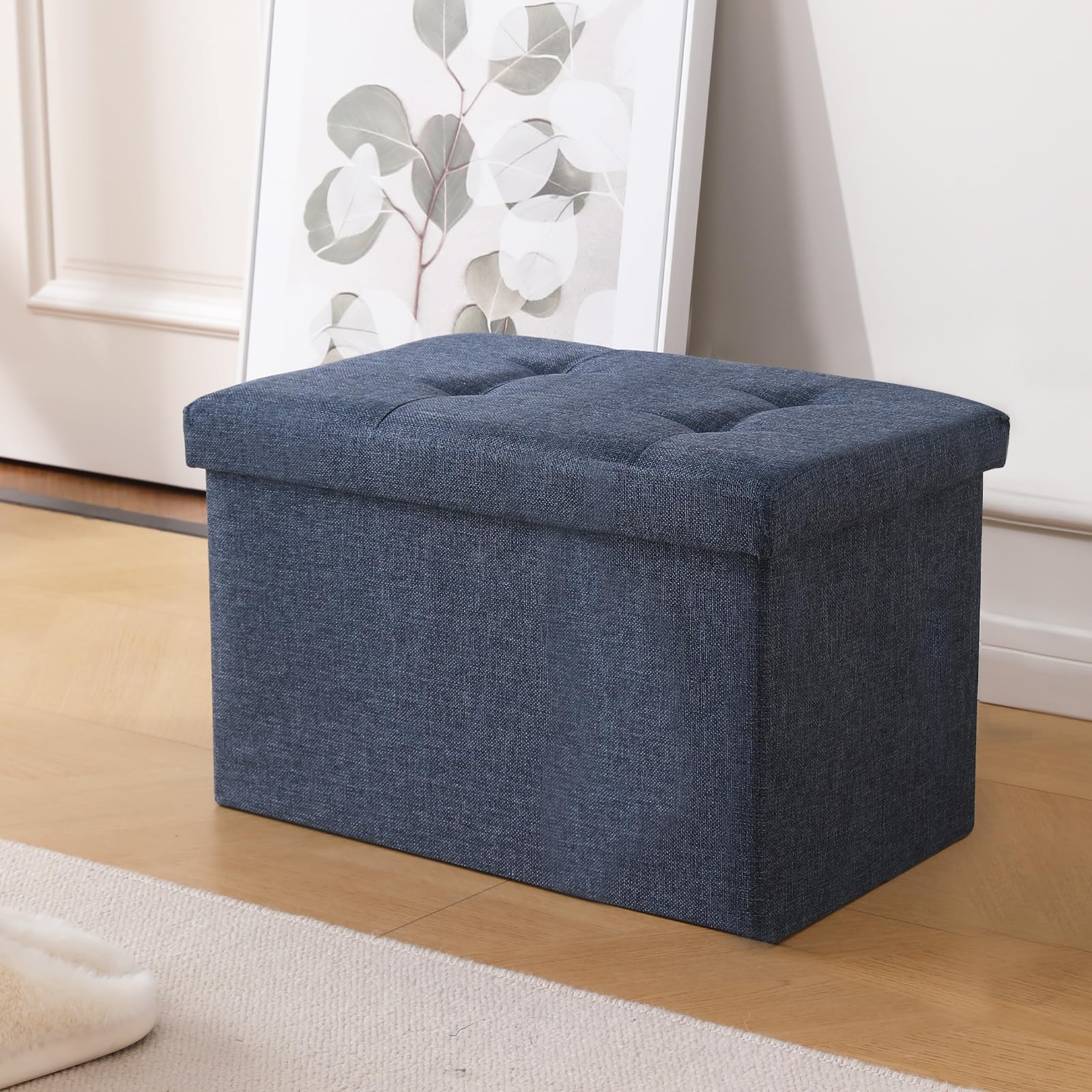 Taburete otomano de almacenamiento, reposapiés pequeño, plegable, cuadrado, de lino, color beige