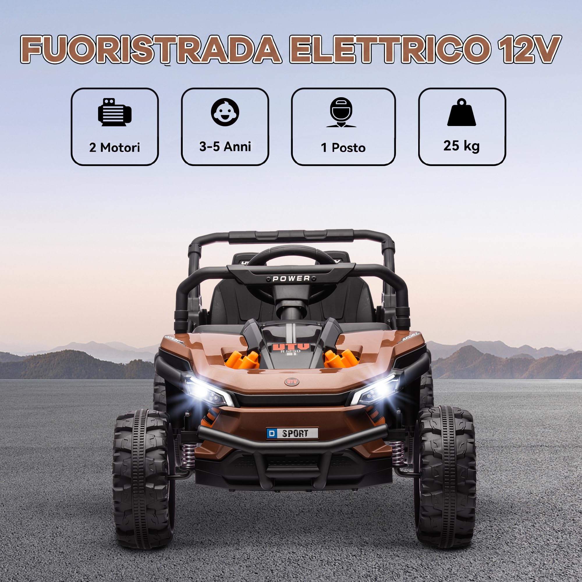 AIYAPLAY Macchina Elettrica per Bambini UTV 12V con 2 Motori, Marrone