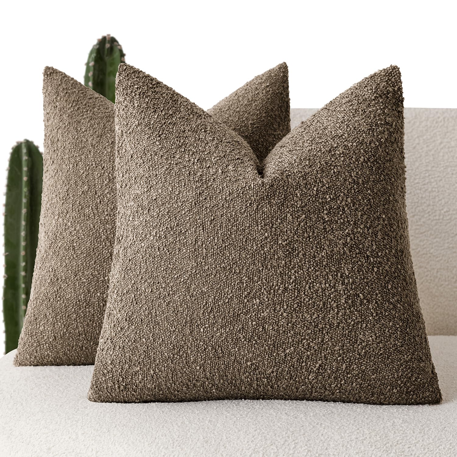 Foindtower Pack of 2 Textured Boucle Throw Pillow Covers Accent Solid Decorative Pillow Cases Cozy Woven Couch Cushion Case for Chair Sofa Bedroom Living Room Home Decor 20x20 Inch Light Brown
