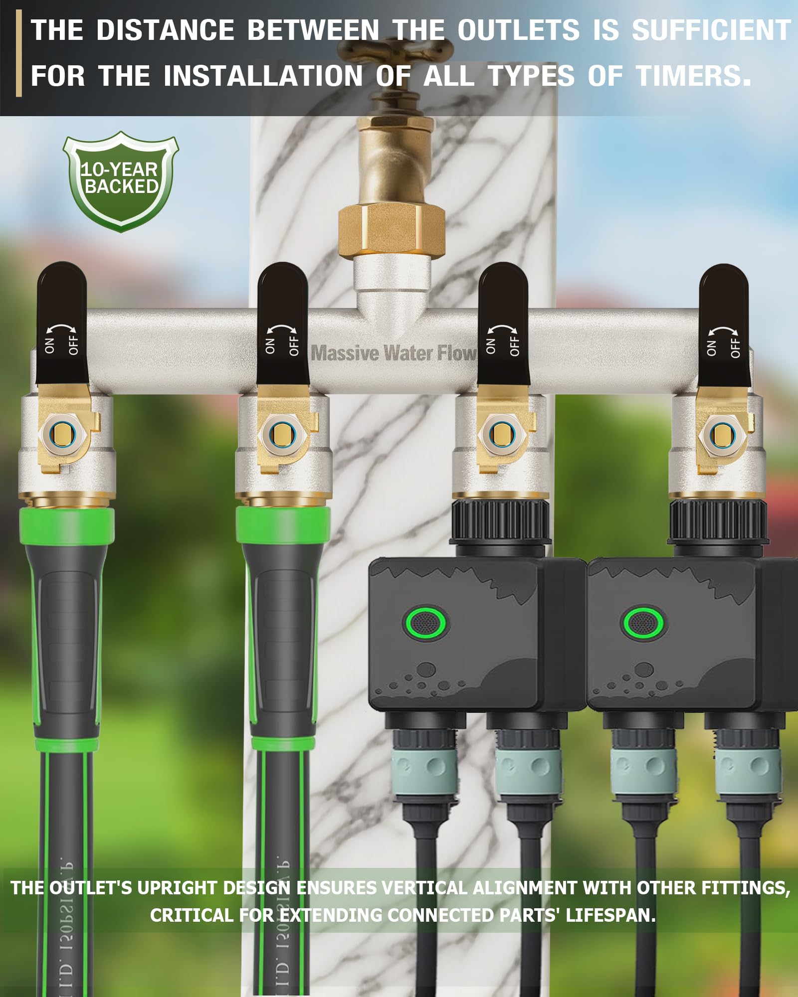 Distribuidor de 4 vías, distribuidor de agua de 4 vías, distribuidor de agua de 4 vías, distribuidor de agua de 3/4 pulgadas, niquelado macizo de gran flujo de jardín, mango de metal extendido (negro)