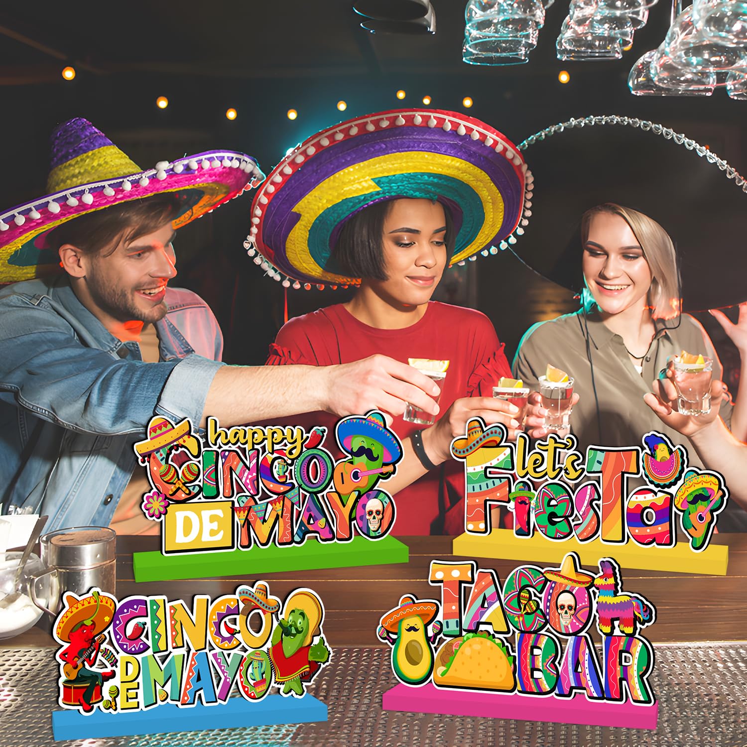4Pcs Fiesta Party Decorations Wooden Centerpiece Happy Cinco De Mayo Party Decorations Taco Bar Table Topper Photo Props for Mexican Fiesta Party Tiered Tray Decor