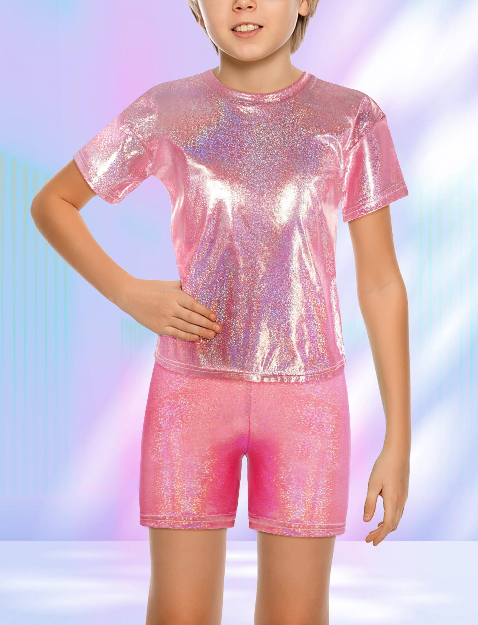 SEAUR Kids Girls Boys Metallic Shirt with Shiny Shorts Hip Hop Tops Sparkly T Shirts Modern Jazz Dance Party Performance Costume Red 4-5Y