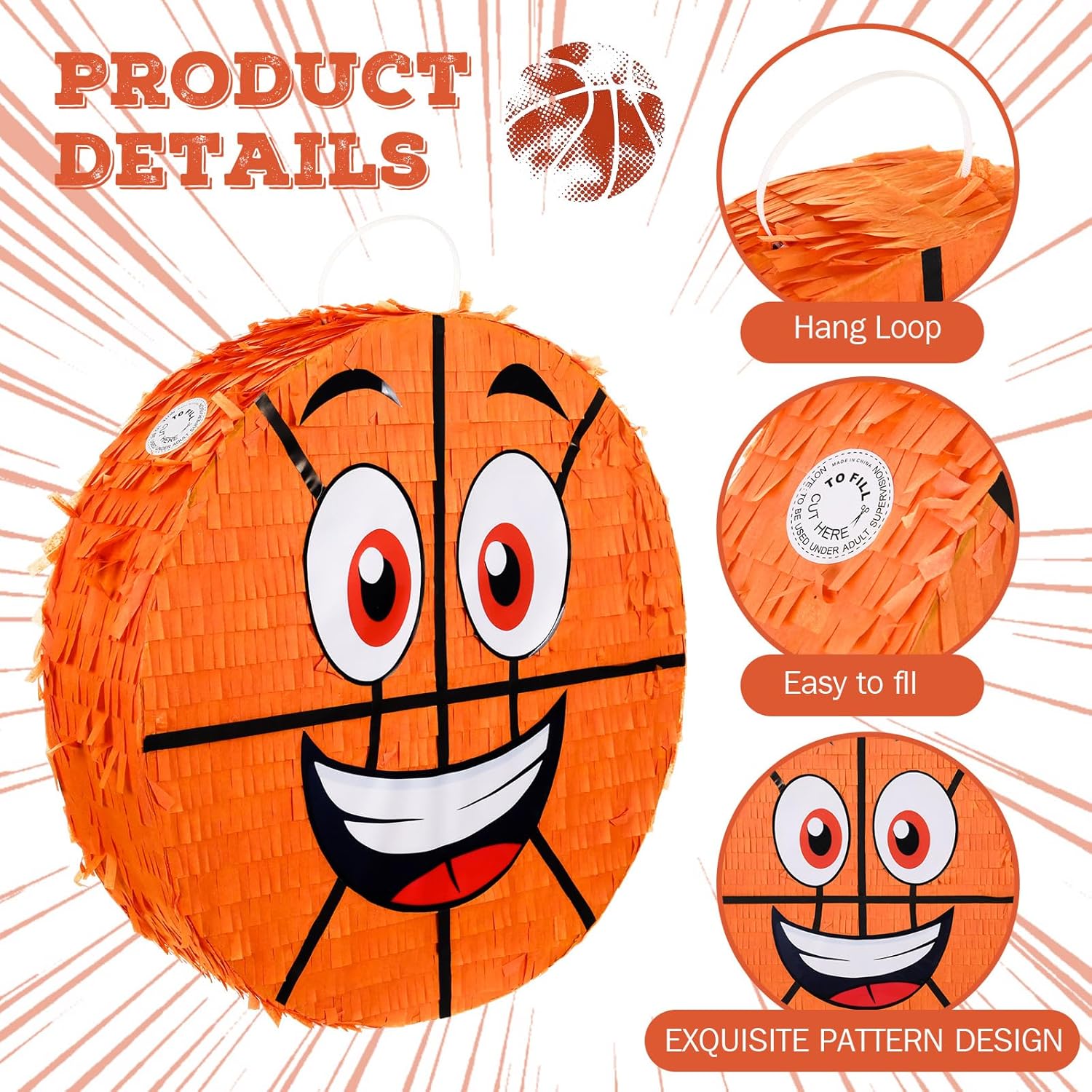 Poen Basketball Piñata Set, Party Piñata Bundle with a Blindfold, Bat and Confetti 13 x 13 x 3 Inch Funny Piñata for Birthday Sports Theme Party Piñata Games Decorations