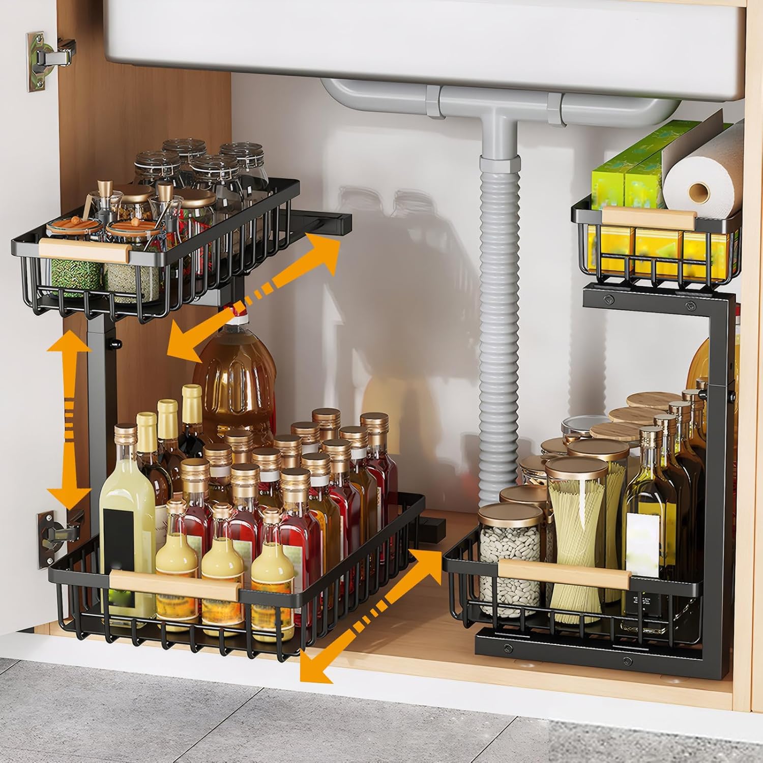 2 Etagen Küchenschrank Organizer, L Form Höhenverstellbares Spülschrank Organizer, Ausziehbarer Schrank Organizer Küche, Mehrzweck Kohlenstoffstahl Unter Waschbecken Regal(1PC)