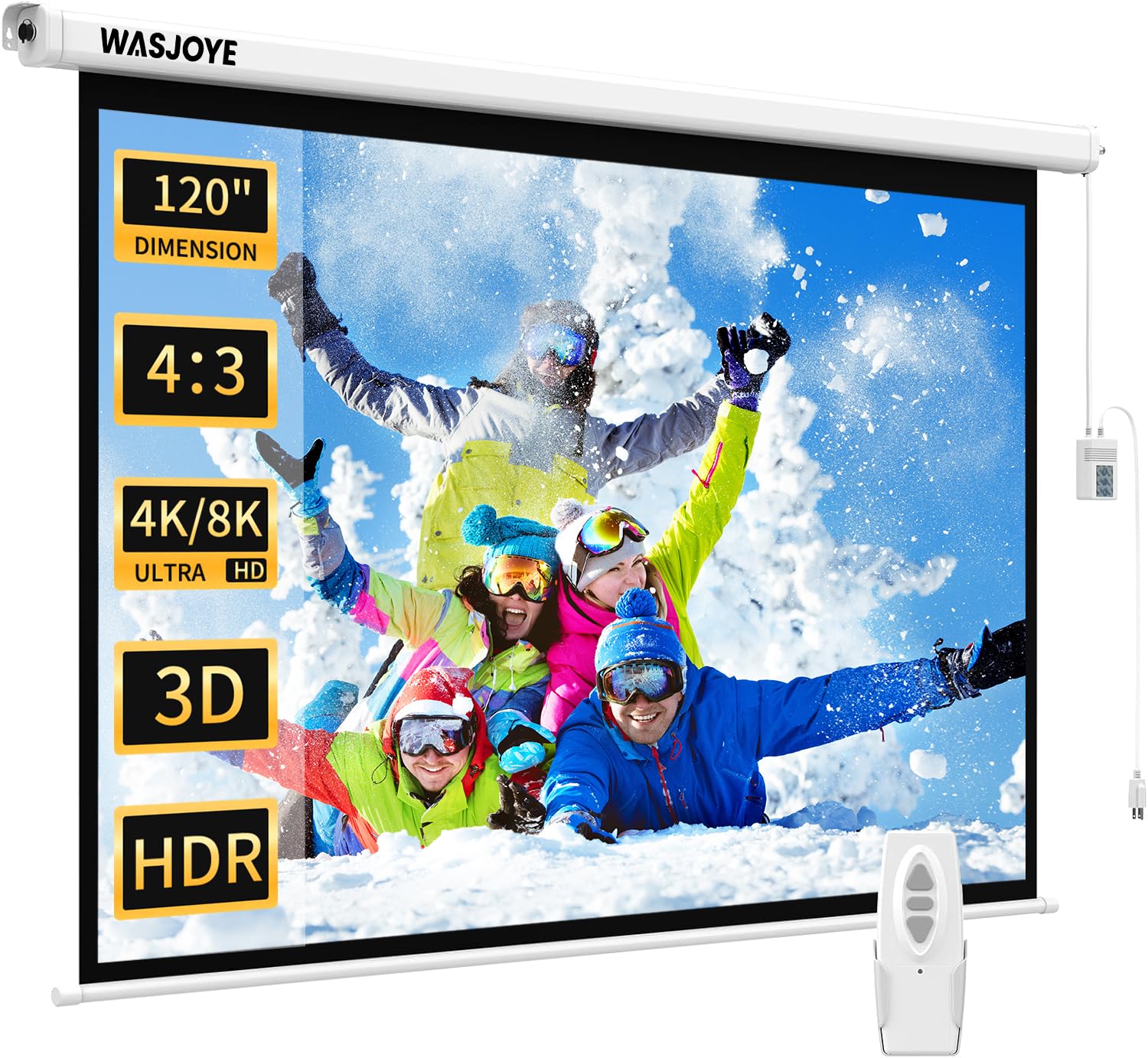 WASJOYE 120" Écran de Projecteur Motorisé, Toile Videoprojecteur Électrique Diagonale Automatique Projection 4 : 3 8k Film HD Écran pour Home Theatre Cinema Office Video Game Indoor avec Télécommande