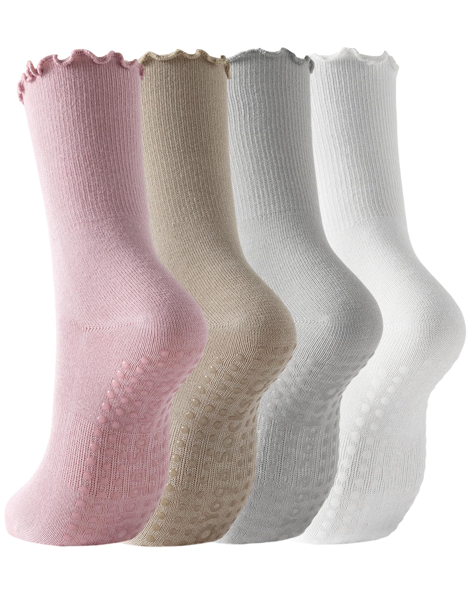 Yawlsow Pilates Grip Socks for Women, Ruffle Yoga Socks Non Slip, Cotton Crew Sports Socks for Barre, Dance, Hospital